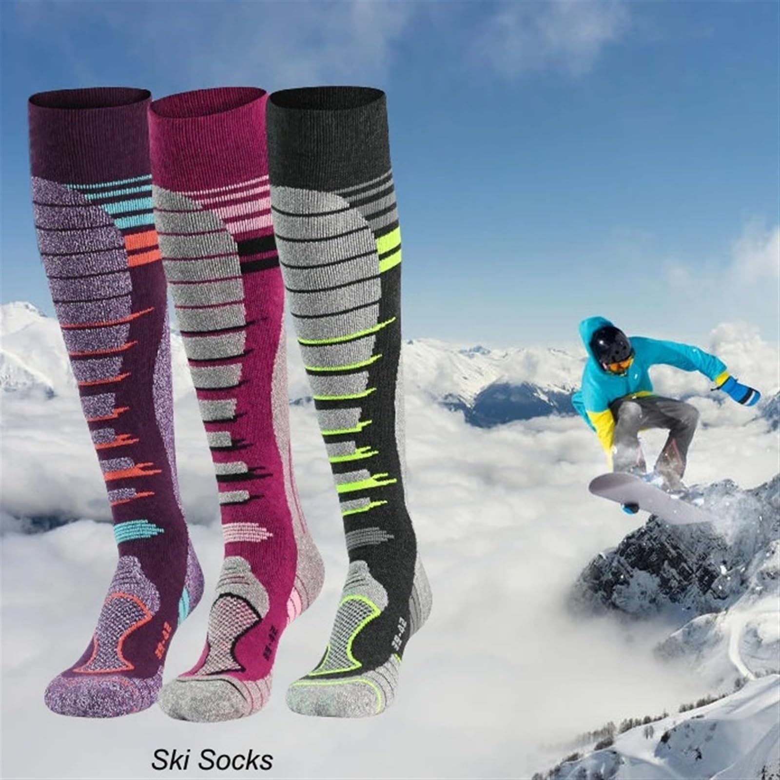 Chaussette Ski Lot De 2 Paires Chaussettes Ski for Homme Et Femme, Idéales Les Sports d'hiver en Plein Air, Laine Isolante Épaisse, Respirantes Résistantes À l'usure