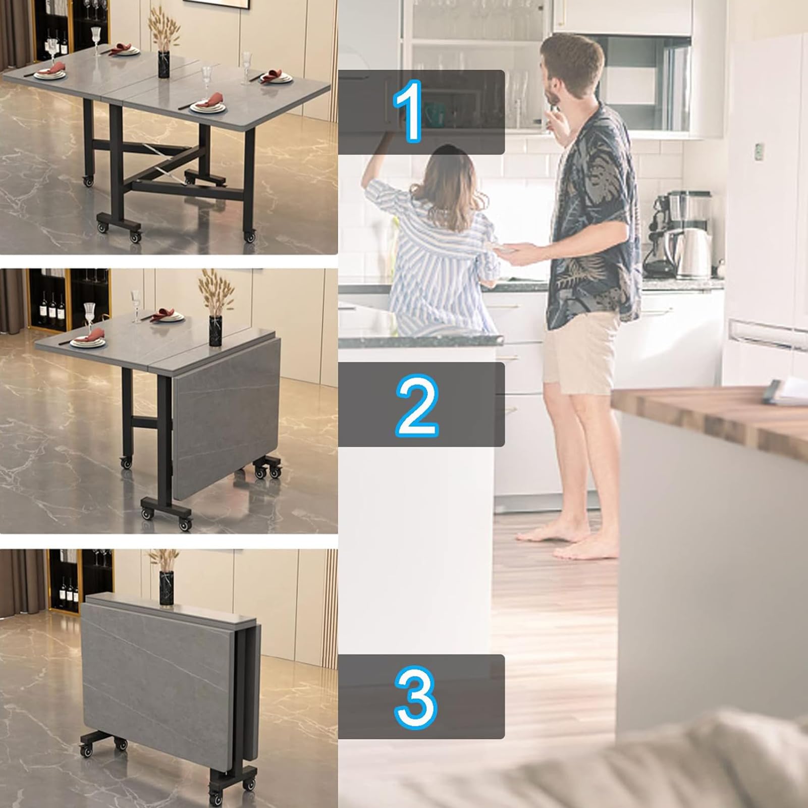 Table de salle à manger extensible avec 6 roulettes – Table de salle à manger en ardoise peu encombrante pour une utilisation polyvalente