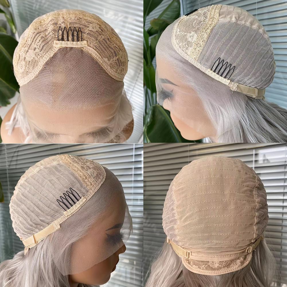 RONGDUOYI Silver Grey Lace Wig Long Deep Curly Synthetic Lace Front Wig with Free Part Glueless Half Hand Tied Daily Wear Cosplay Party Wig