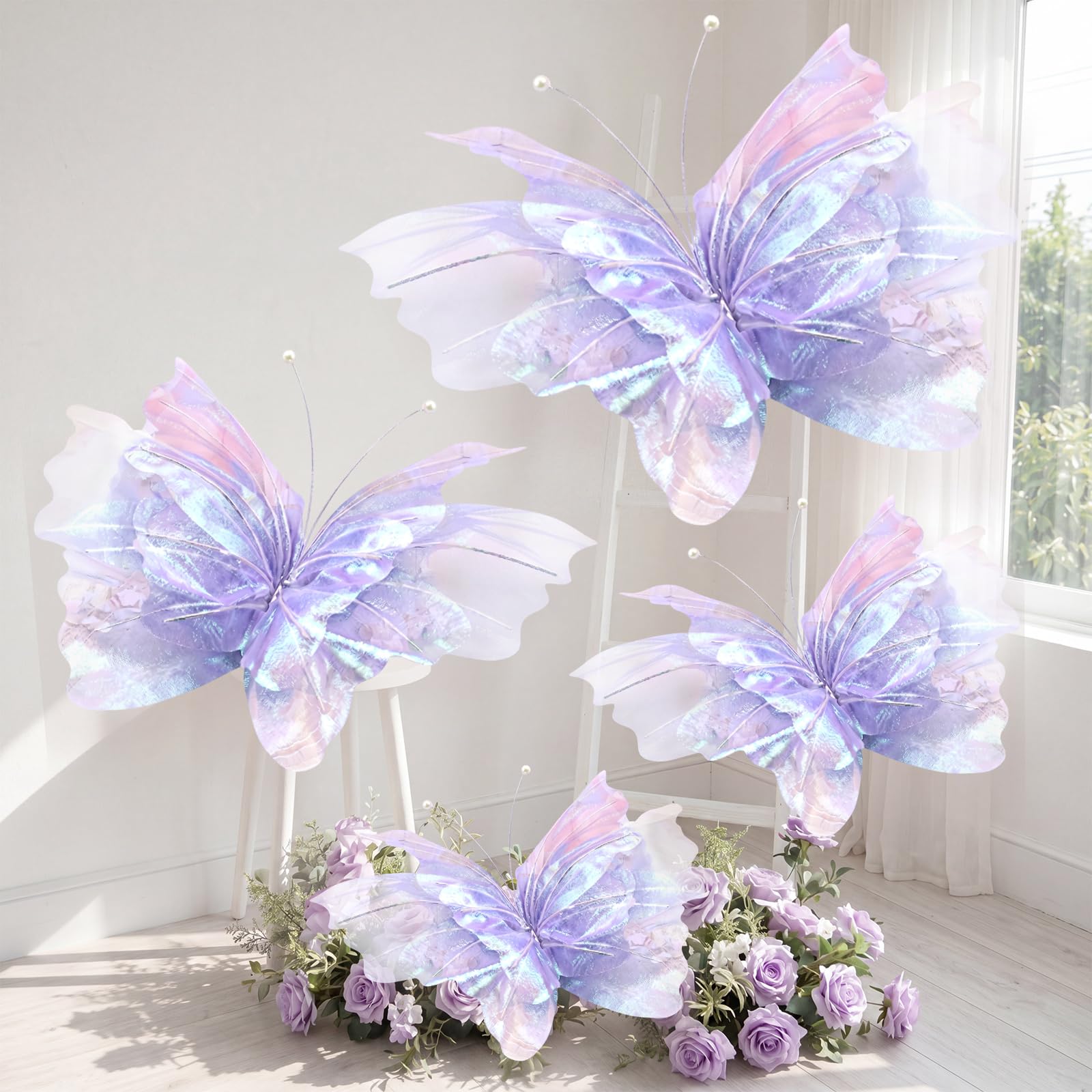 Photo 1 of Yinder 4 Pcs Large Purple Butterfly Decorations Mariposas Grandes para Decoracion Big Butterfly Party Decor 3D Silk Butterflies for Women Birthday Party Wedding Photo Props Backdrop Decor
