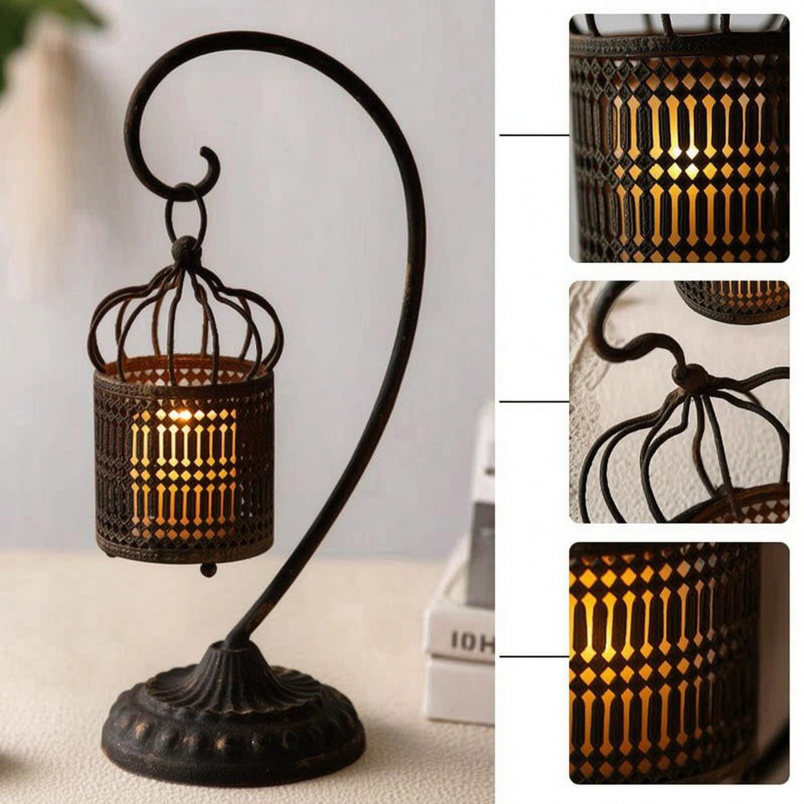 Baoblaze Farol Decorativo Farol de Mesa Portavelas Linterna de Hierro Ornamento Clásico Estilo Francés Difusor de Vela Adecuado para Comedor Estudio Decoración Navideña, Negro Retro
