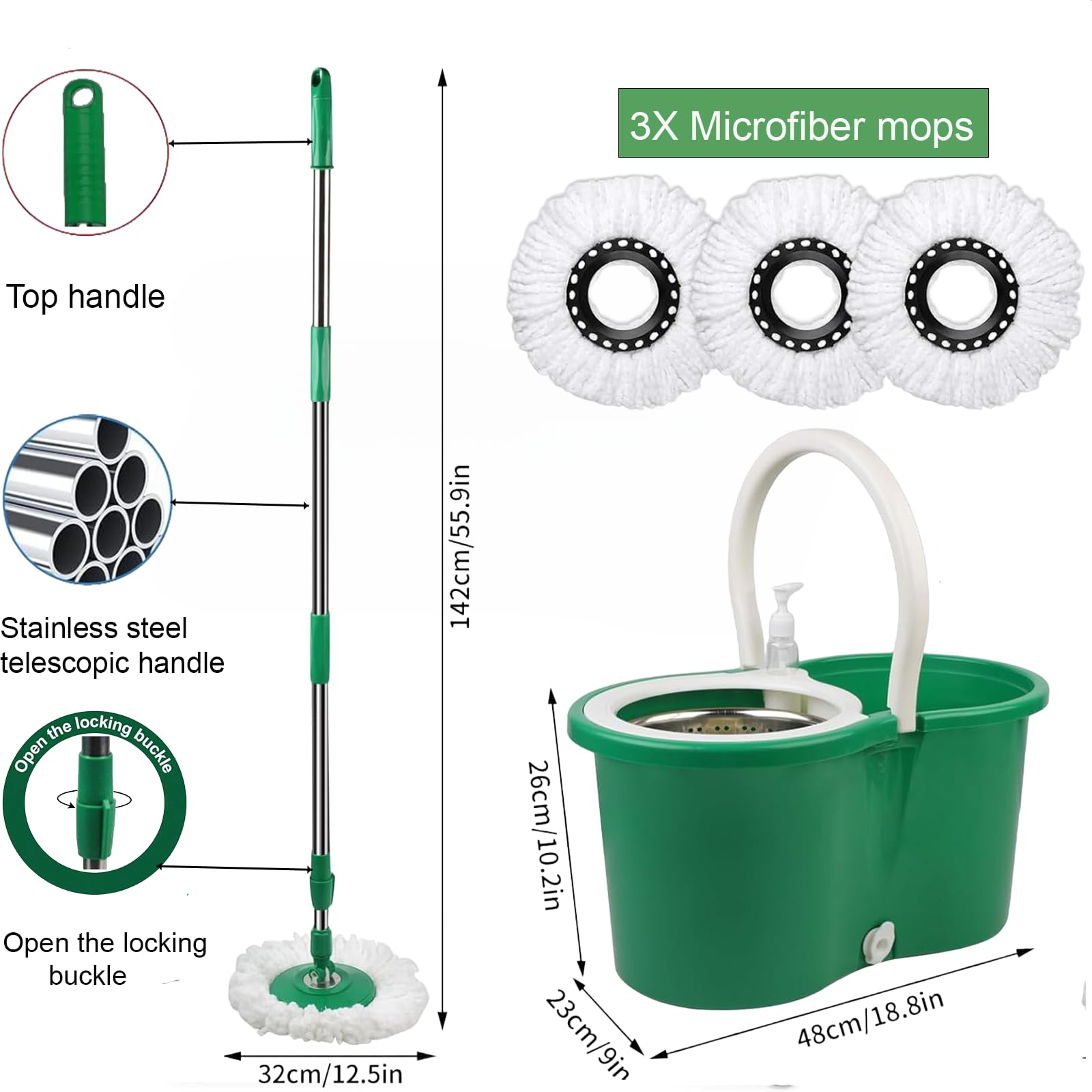 ARSUK Spin Mop Head Base Handle With 2 Microfibers Head Refills U2013 Stainless Steel Mops Stick/Rod/Pole Replacement For 360° Spin Buckets Systems, Universal Mop Handle For Floor Cleaning