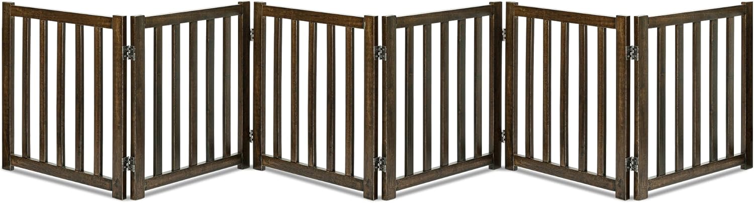 LZRS 6-Panel Extra-Wide Freestanding Wooden Dog Gate – 24”High Foldable Safety Pet Barrier for Doorways, Hallways, Kitchens, and Long Staircases, Durable Design fit Small to Medium Dogs, Walnutl