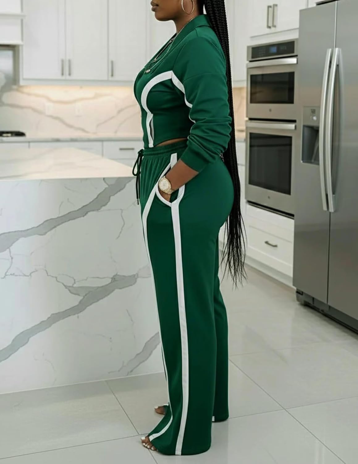 Women Striped 2 Piece Outfits Long Sleeve Zip Up Jacket Top and Wide Leg Pants Set Tracksuits with Pocket