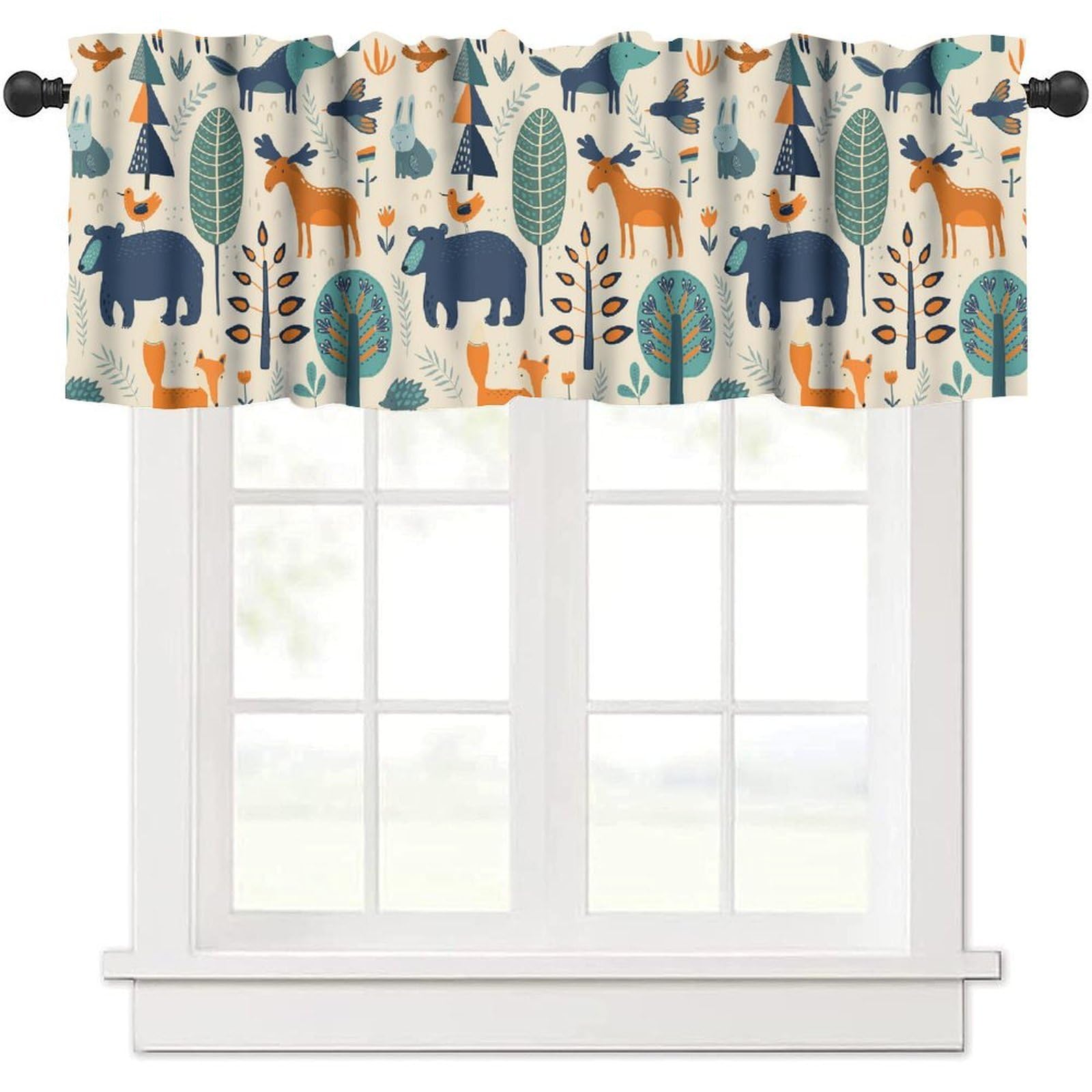 moderw Forest Animals Curtain Valance, Rustic Cartoon Cute Wild Animal Woodland Safari Fox Deer Bear Window Treatment Valance for Kids Girls Boys Bedroom Living Room 54x18inch