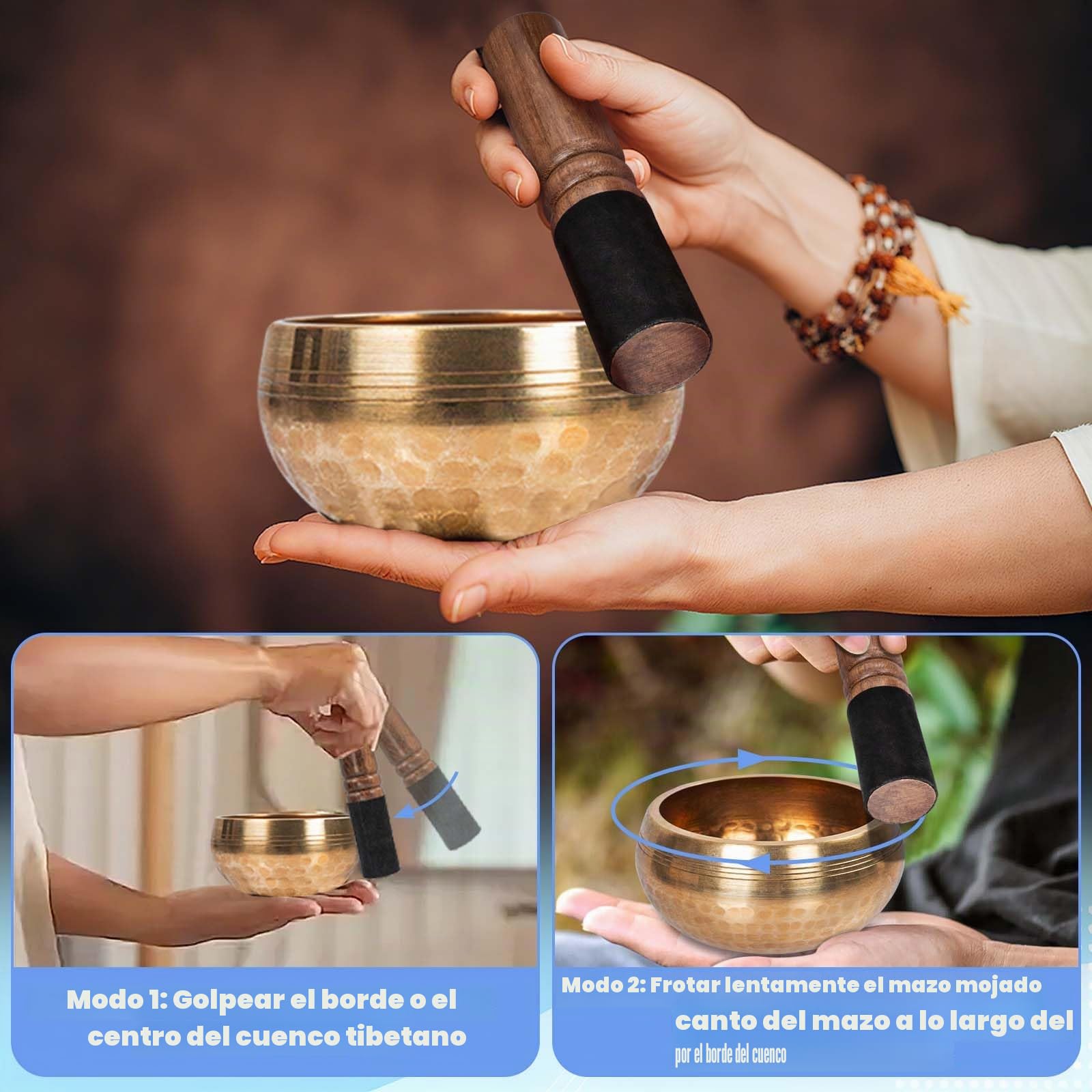 OUUTMEE Cuenco tibetano de 13 cm, cuenco sonoro original hecho a mano, juego de cuencos sonoros con mazo y cojín, grande