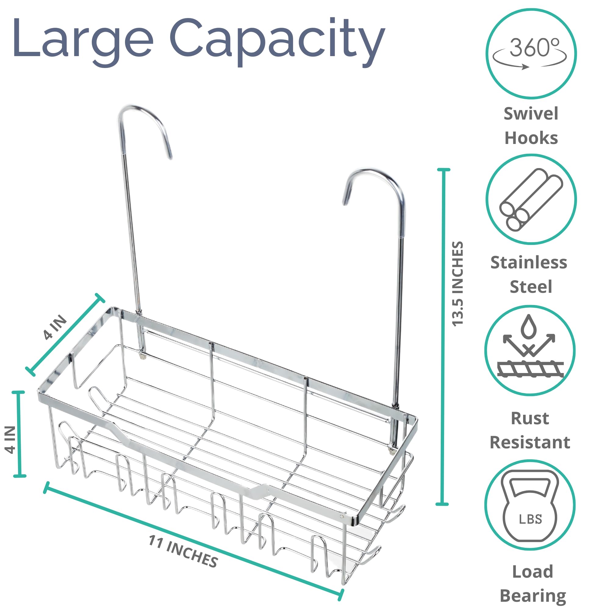 Étagère De Douche Suspendue Avec Crochets Rotatifs – Étagère De Salle De Bain Pour Douche Livrée Avec Des Adhésifs Pour Garantir Le Support Robuste, En Acier Inoxydable Antirouille – Solution De