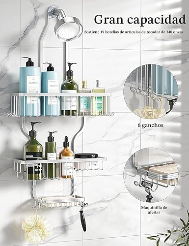 Miniatura 2 de YASONIC Organizador de ducha para colgar sobre el cabezal de ducha nunca se oxida, organizador de ducha grande de aluminio con 10 ganchos para