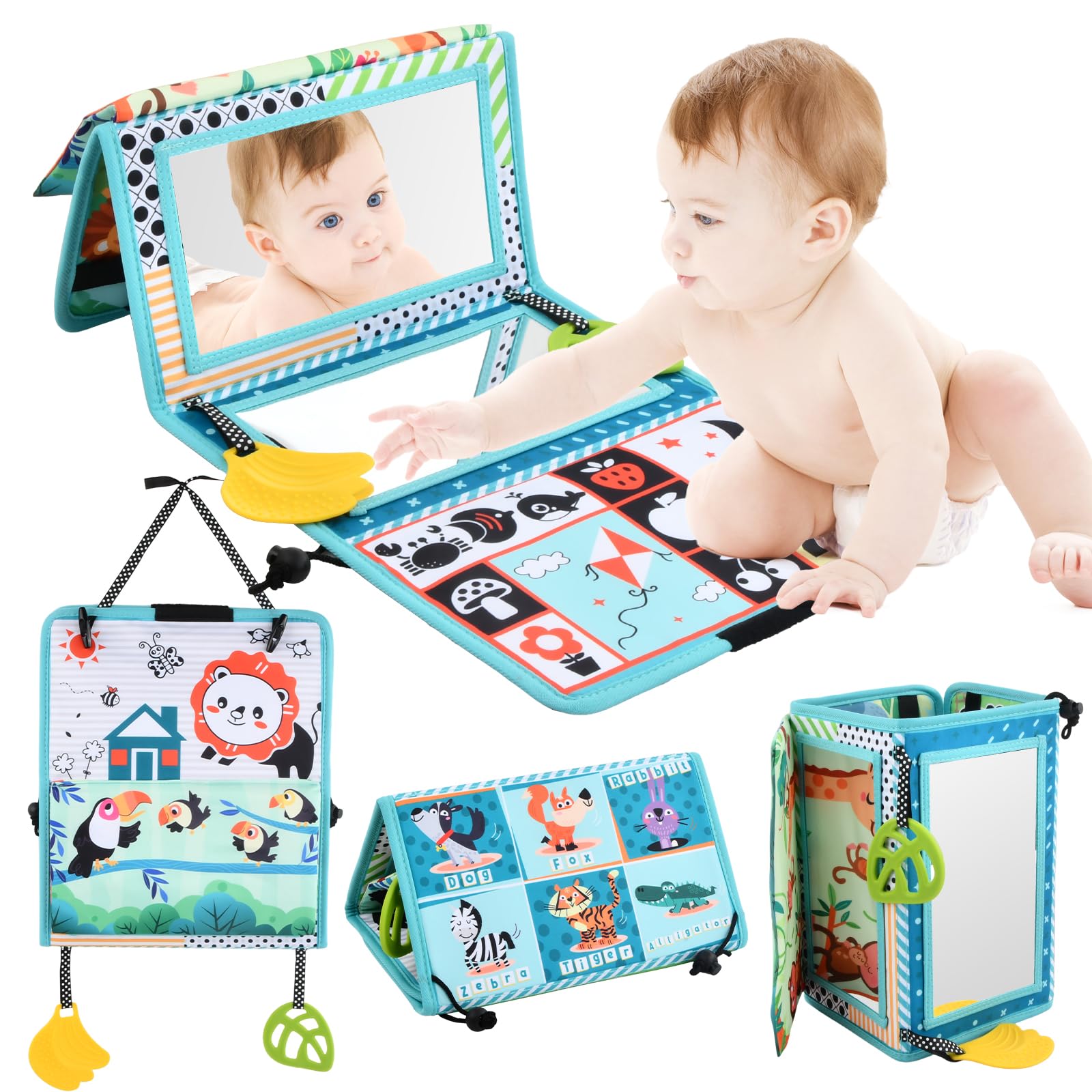 Focenat Miroir Bébé D'Éveil – Livre En Tissu, Anneau De Dentition, Jouet Sensoriel 0-12 Mois – 50x26 Cm