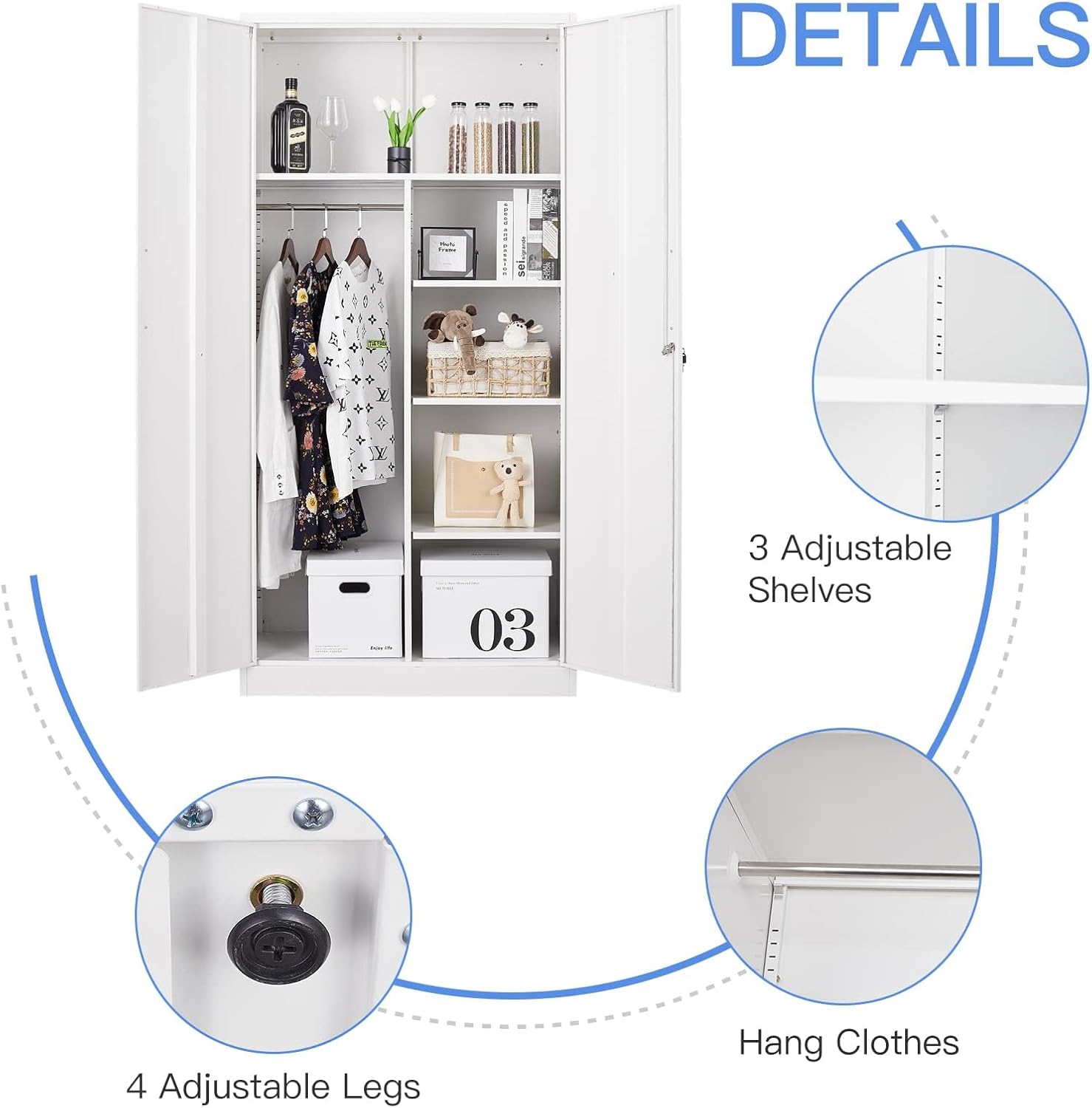 Yizosh Metal Armoire Wardrobe Closet Cabinet for Hanging Clothes with Lock Doors, -72" Steel Lockable Wardrobe Storage Locker Clothes Organizer for Bedroom, Laundry Room (White)