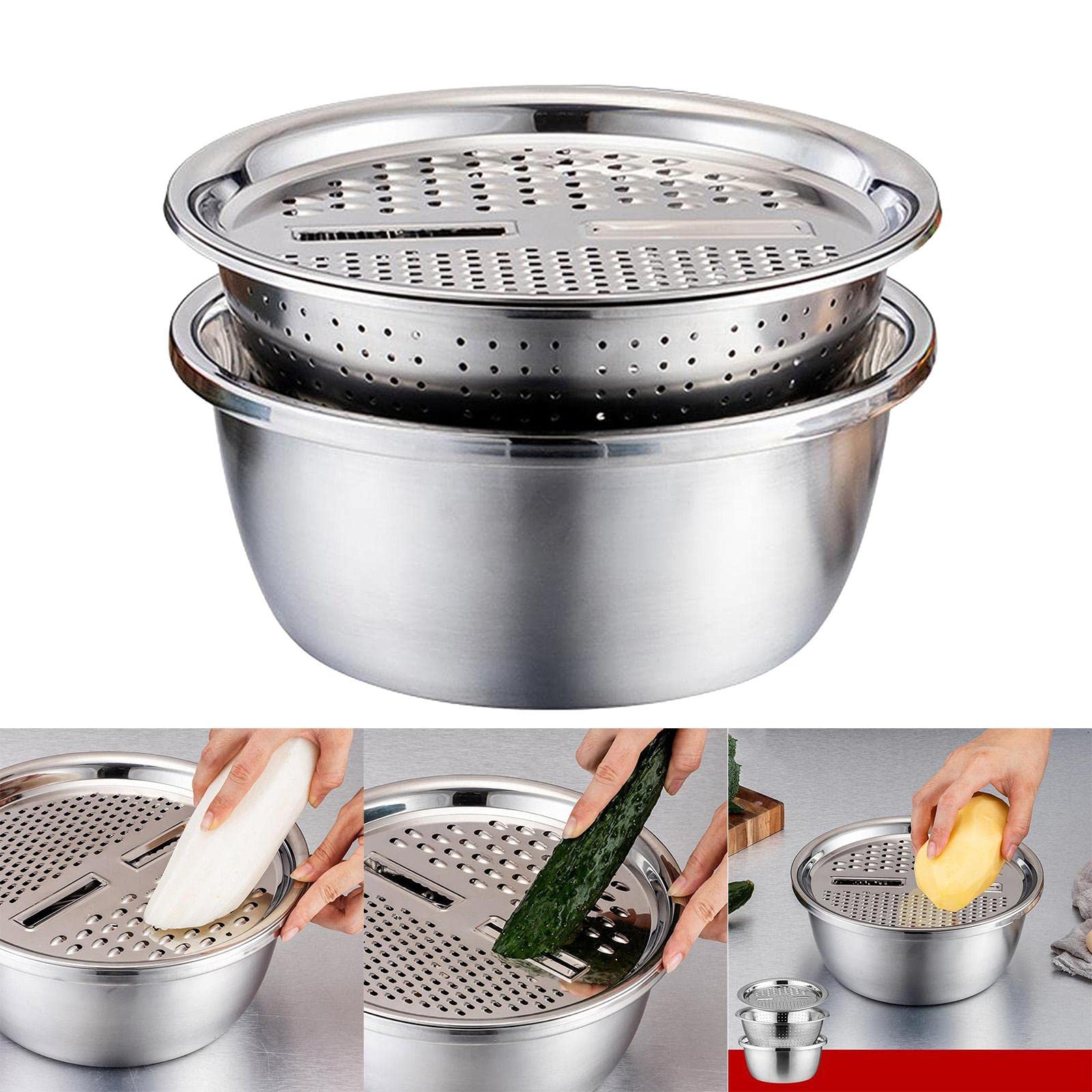2 Set Edelstahl Küchensieb mit Gemüseschneider und Siebkorb, Salatbereiter Schüssel und Reibe, stapelbares Design