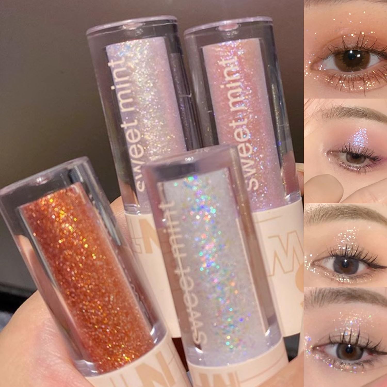 KARLOR Juego de sombras de ojos líquidas, 4 unidades, sombra de ojos líquida, sombra de ojos líquida, iluminador de ojos, color rosa, plateado, dorado, morado, brillante, perlado, iluminador de ojos
