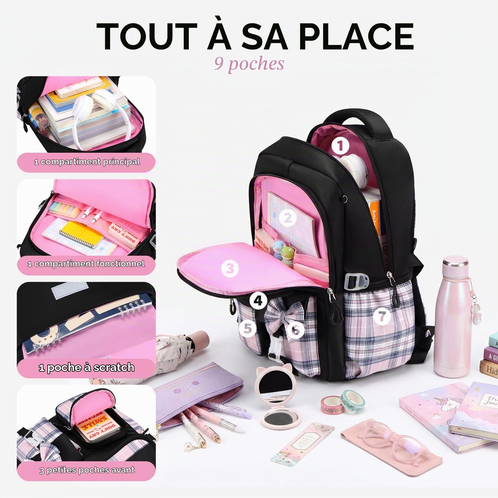 Tanou Ensemble Sac à Dos pour Filles, Cartable Fille Primaire à Nœud