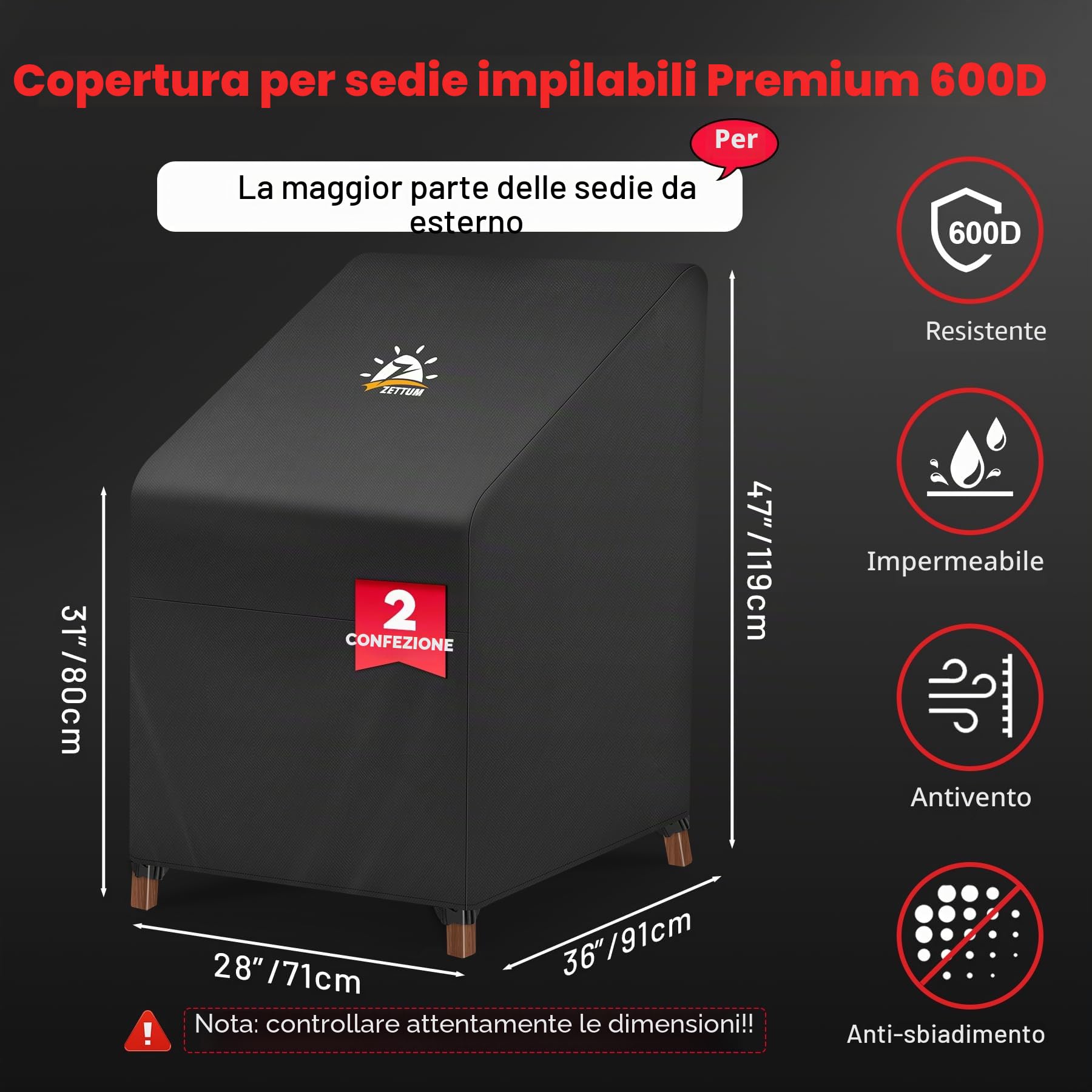Zettum Copertura per Sedie 2 Pezzi, Copertura Sedie Esterno Impilabili in PU Oxford 600D, Impermeabile e Anti-Inverno, Protettiva per Mobili da Giardino (71x91x80/120 CM)