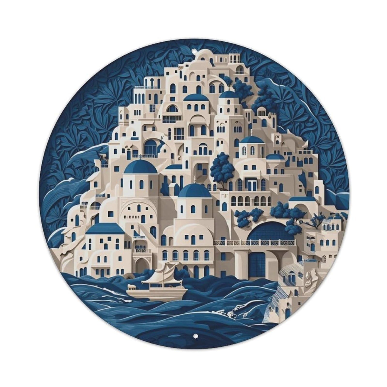 Mediterranean Coastal Village Scene Metal Tin Sign