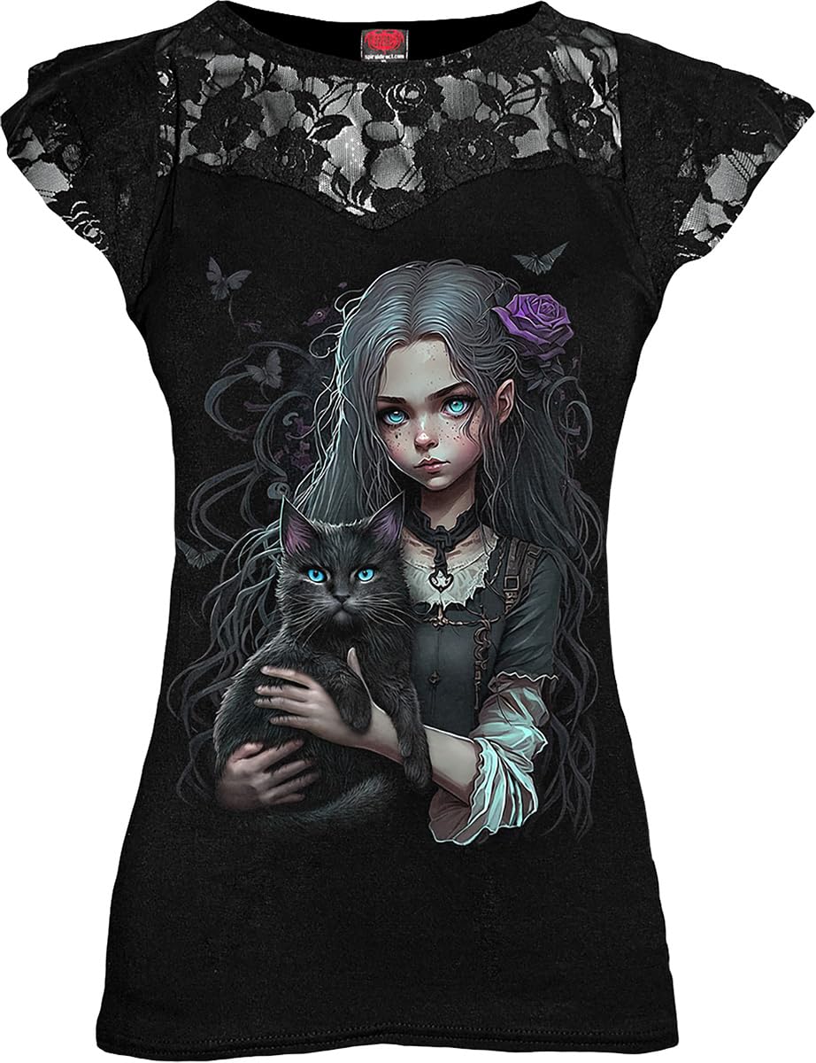 Spiral - Goth Familiar - Lace Layered Cap Sleeve Top Black - M