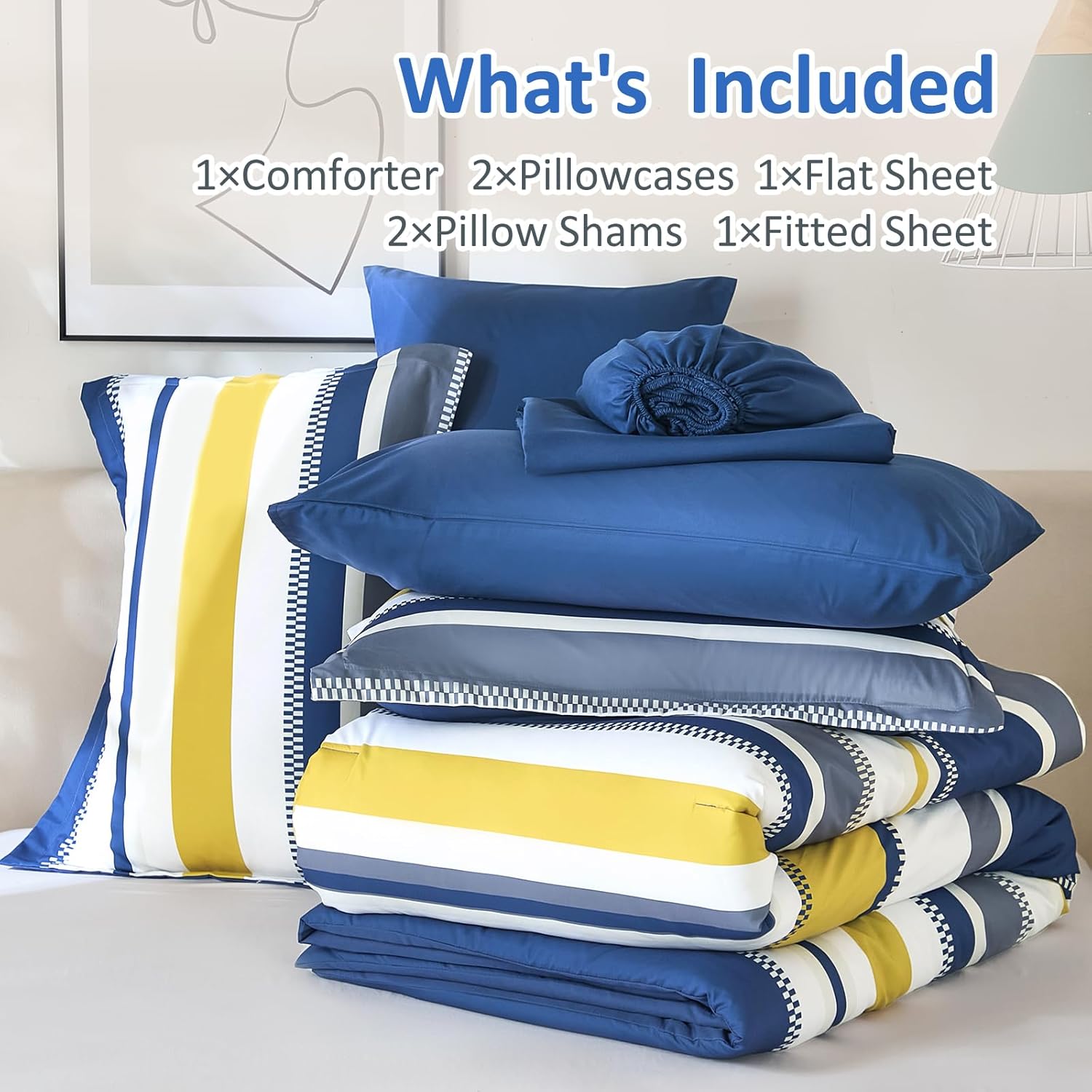 WONGS BEDDING Blue Comforter Queen Size Set, 7 Pieces Bed in a Bag Blue and Yellow Comforter Set, Soft Boho Striped Bedding Sets with Sheets, Pillowcases & Shams