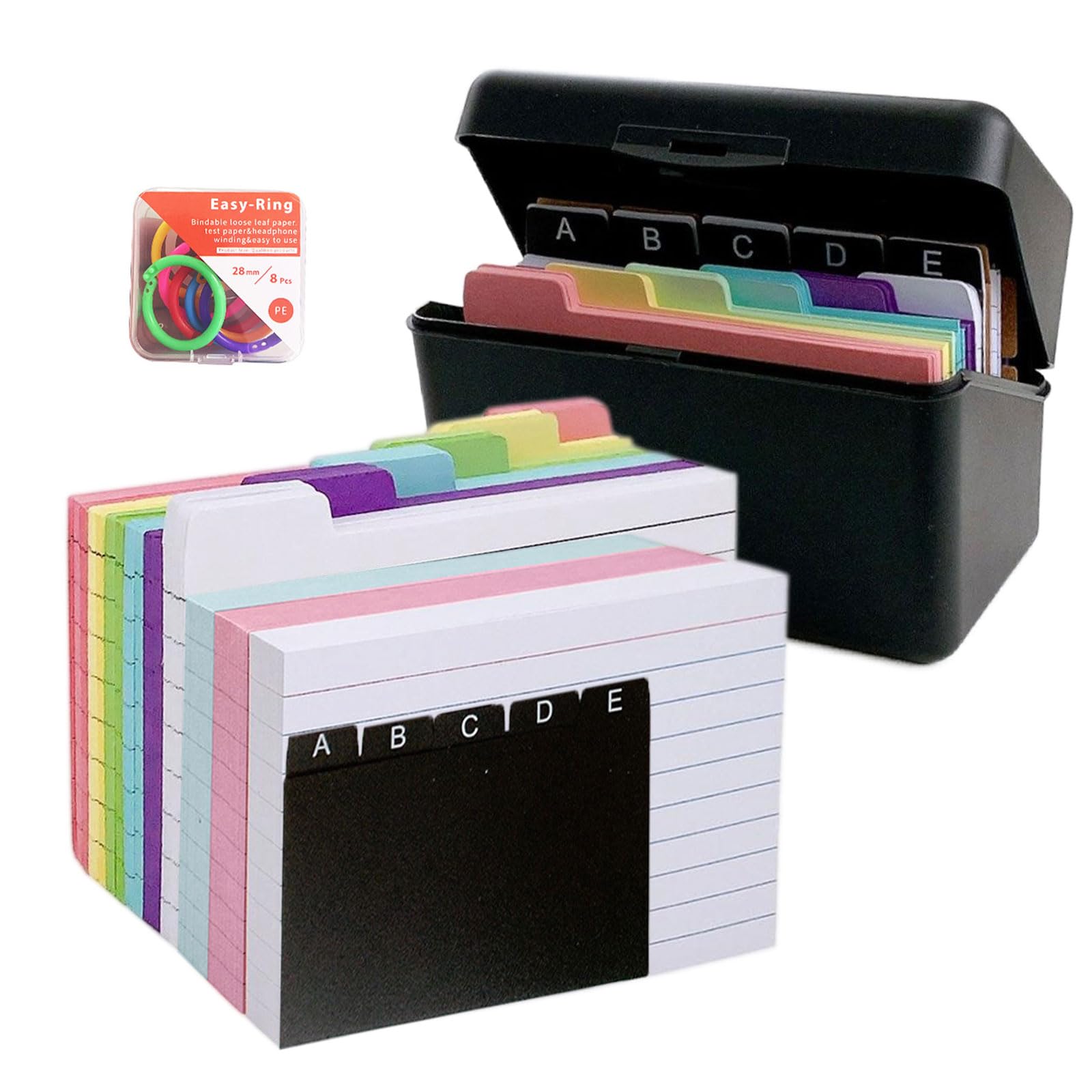 Fiche Bristol Flash Cards 150 Fiche de Revision +150 Doublures Colorées +8 Anneaux de Livre Boîte Index A7 Noir
