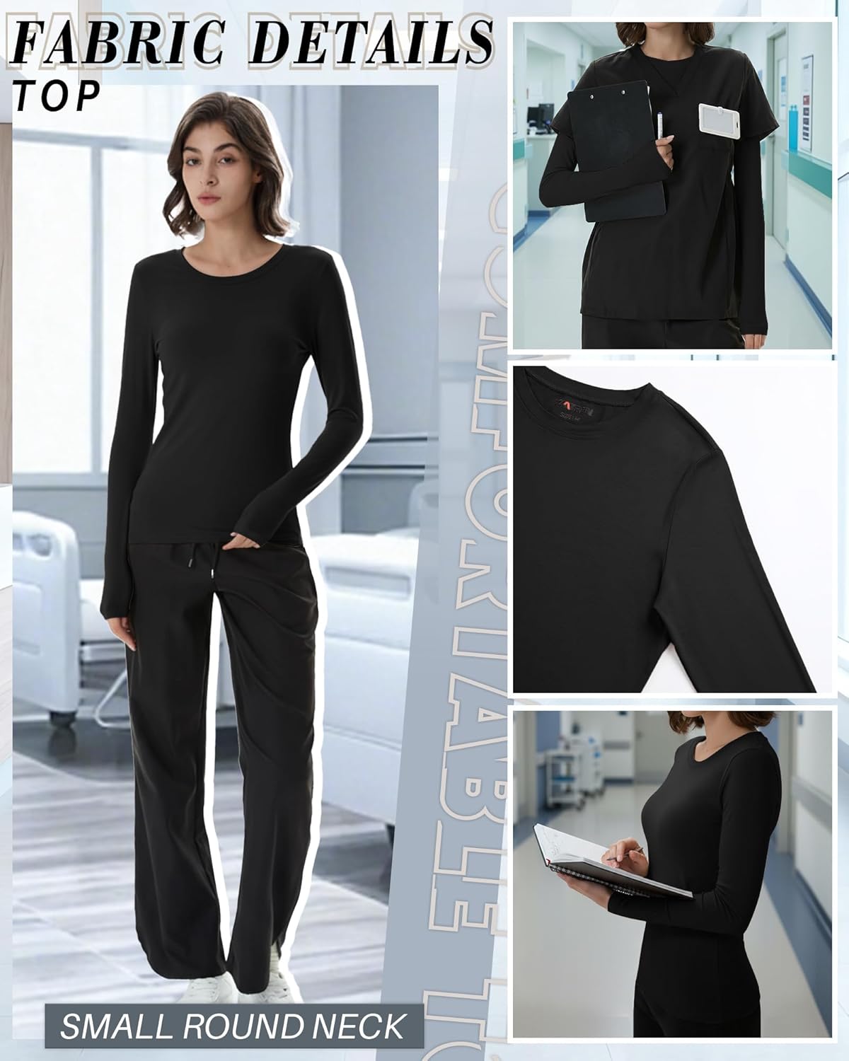 4 Pack Women's Underscrub Shirts Nurse Undershirts Long Sleeve Crewneck Slim Fit Tops Soft Stretchy Basic Tee - Image 5