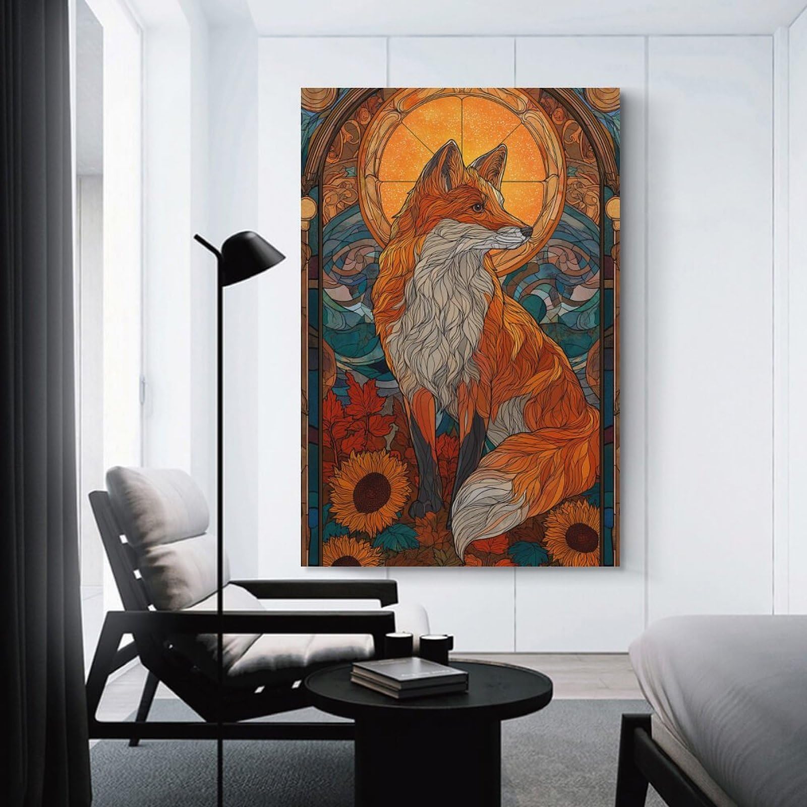 Junmoney Unframe-Style-13 Fox Stained Glass Art Nouveau Room Decor Wall Art, 20X30inch(50X75cm), For Living Room, Bedroom, Office Or Hallway, Decorative Artwork With Broad Appeal