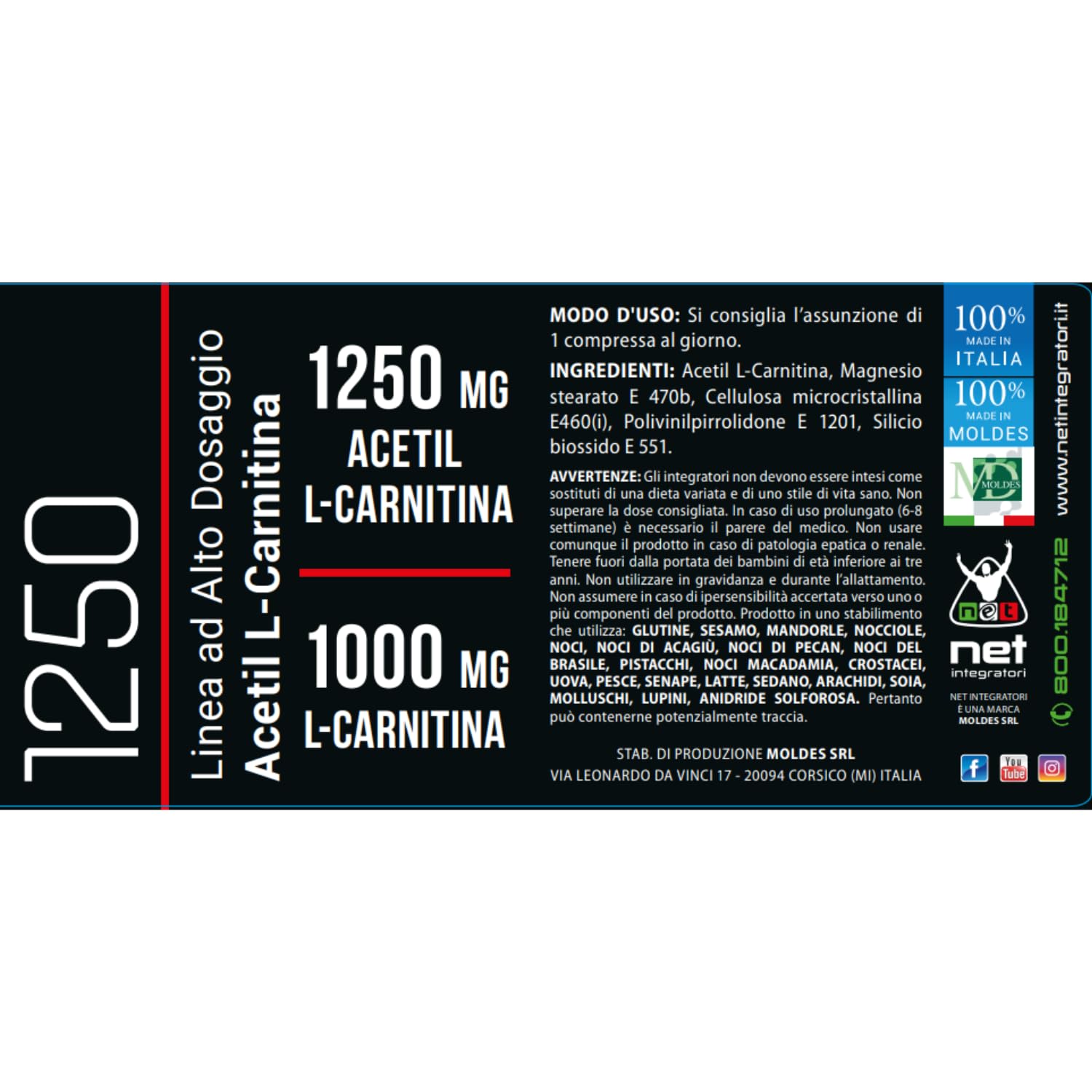 Net Integratori ALC 1250 – 60 compresse – Integratore di Acetil L-Carnitina ad Alto Dosaggio – Energia Forza e Focus Mentale – Pre Workout