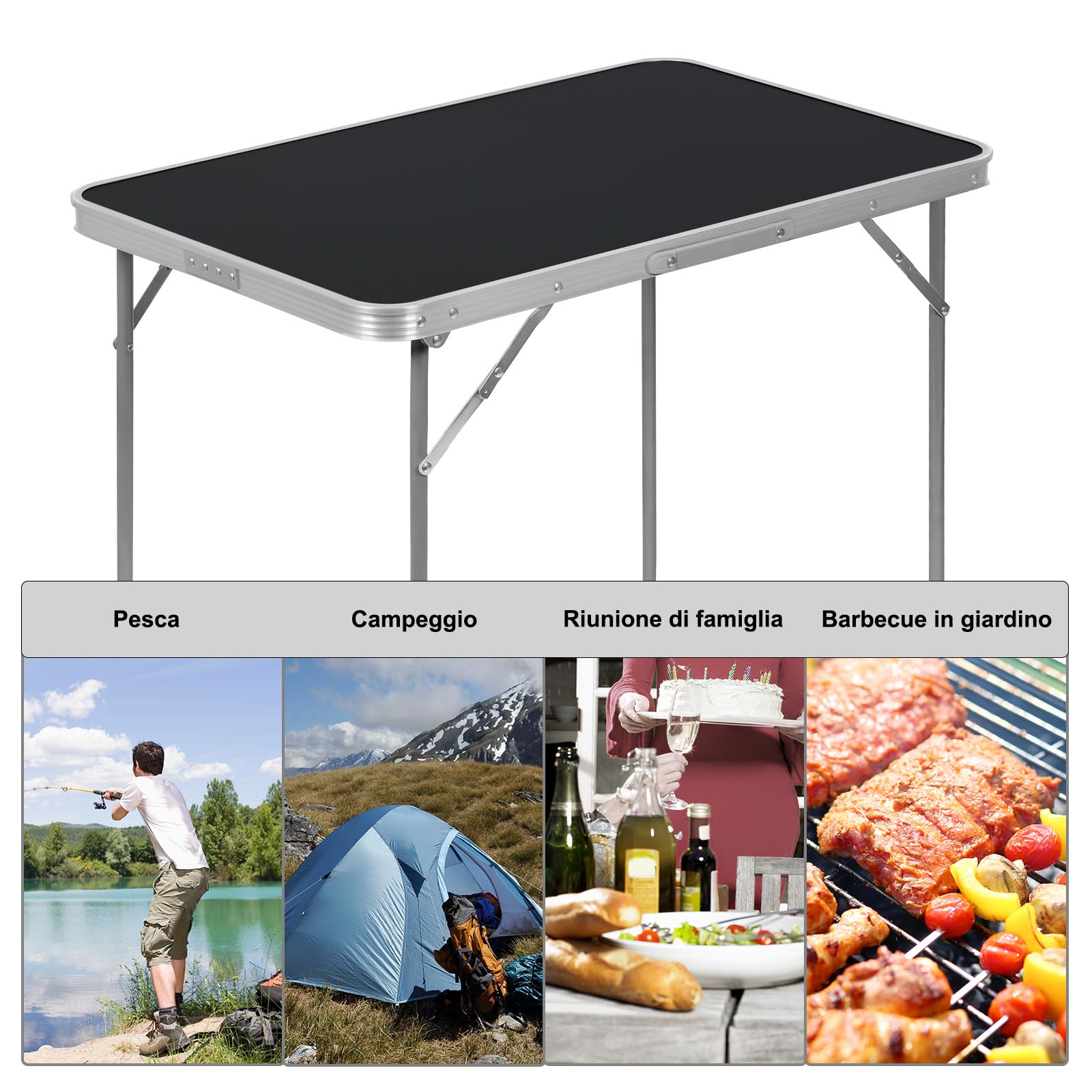 eSituro Tavolo Campeggio, Tavolino Pieghevole da Giardino, Tavolo da Balcone, con Maniglia in Gomma, Tavolo Picnic 80x50x70 cm, in Alluminio e MDF, Carico 20 kg, Nero