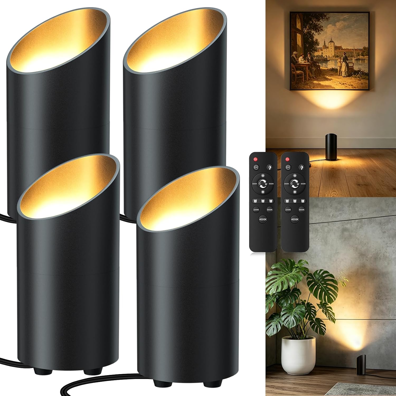 Indoor Floor Can Light, 6W 5CCT Dimmable Spotlight for Bedroom,4 Pack | 2200K-6500K, IP54 Waterproof,Stepless Dimming, 2/4/6H Timer,Memory Function,Black,Remote/Foot Switch,for living room, plants