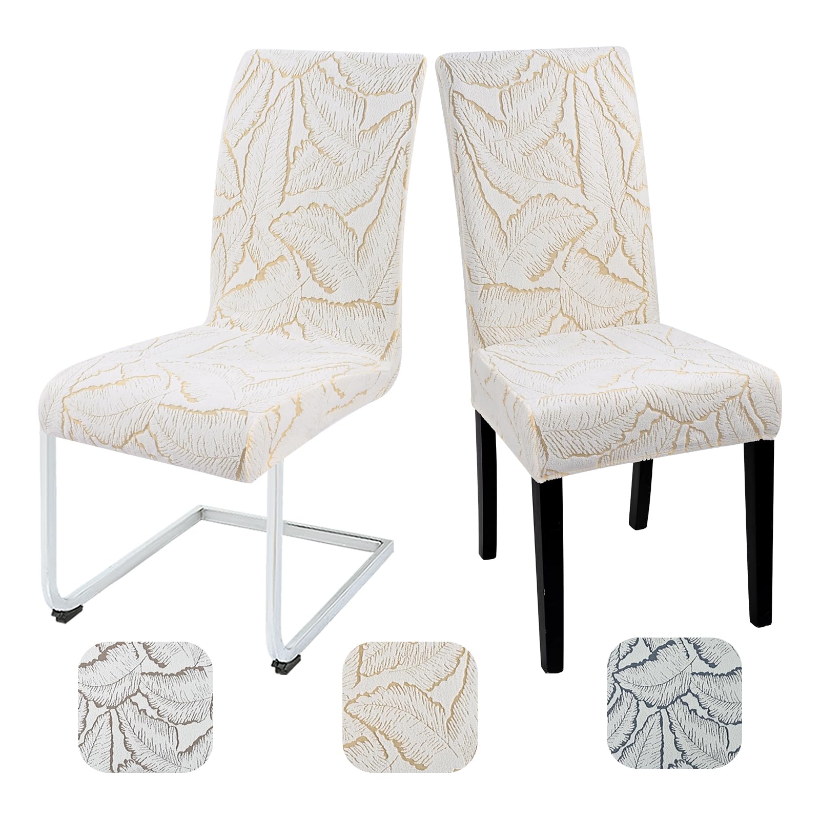 Alishomtll Set of 6 Stretch Leaf Print Dining Chair Covers, Elastic Removable Washable Reusable Chair Slipcovers, Anti-Dirt Seat Protector for Dining Room Hotel, Beige
