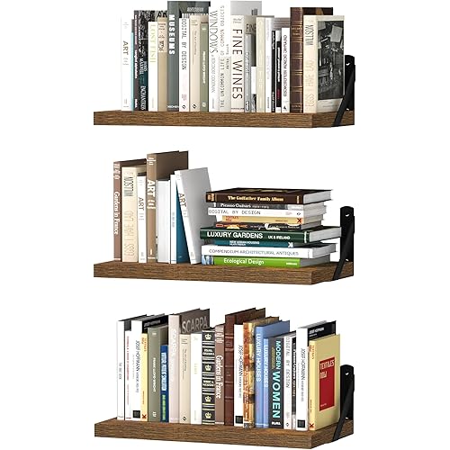 upsimples Floating Book Shelves for Wall, 15.7 Inches Wood Shelves for Living Room, Bathroom, Bedroom, Kitchen Storage and Decoration, Brown