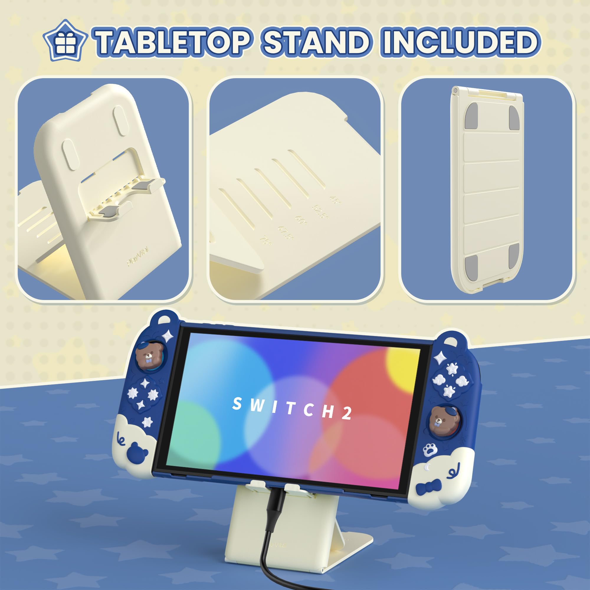 PlayVital Schutzhülle für Nintendo Switch 2, abnehmbare Hülle dockable niedliche Silikon-Griphülle für Switch 2 mit stoßfester Rückabdeckung, Joystick Kappen, Ständer(Good Night Bear-Mitternachtsblau)