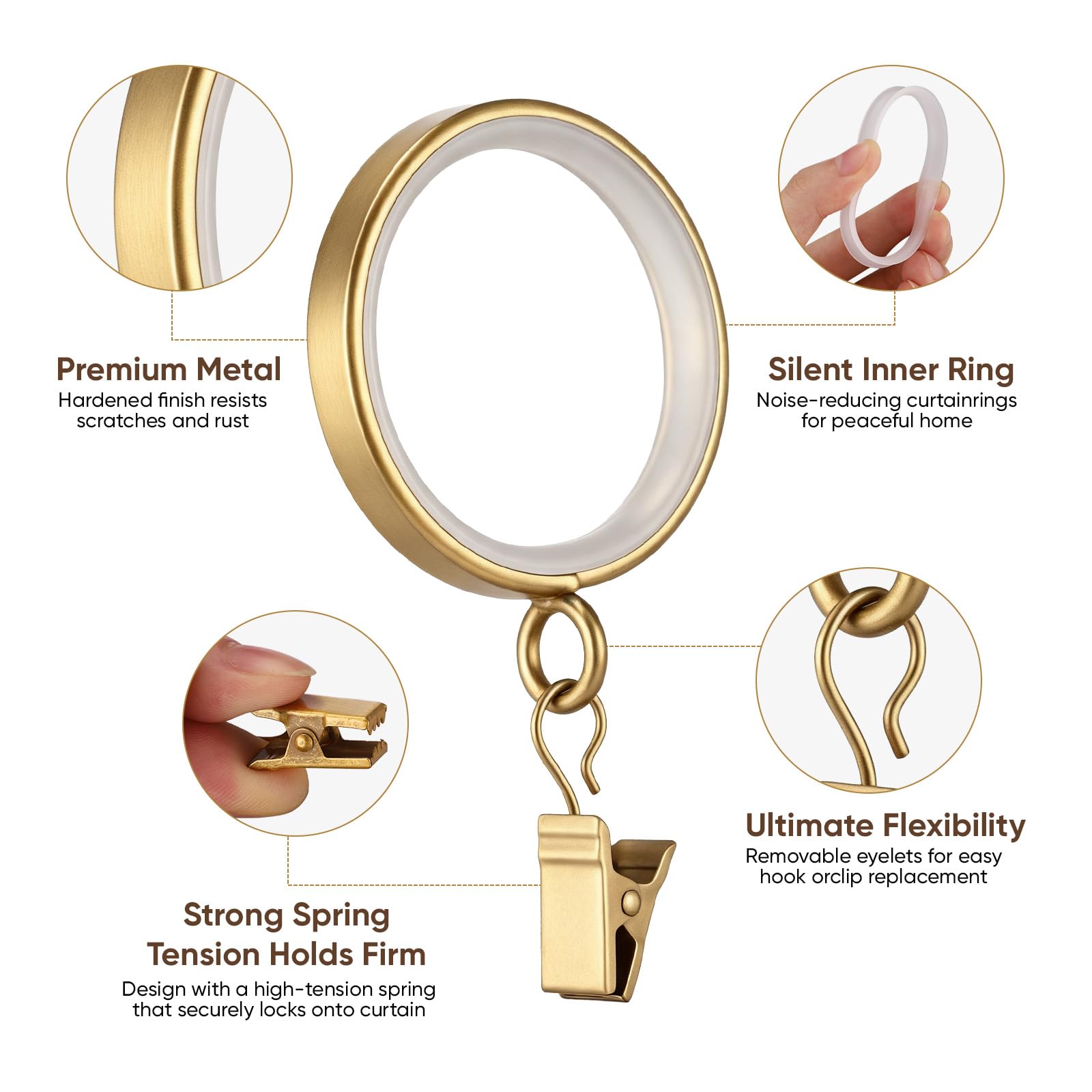 18 anelli per tende, silenziosi anelli per tende da 3,5 cm con inserti in plastica con clip in metallo per aste per tende, oro spazzolato
