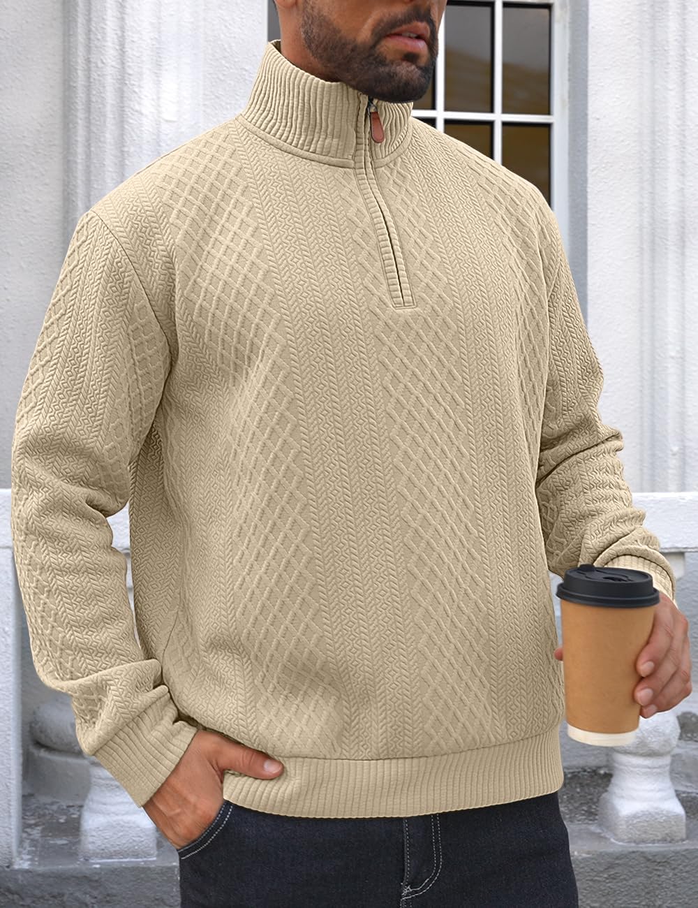 Men's Casual Quarter Zip Sweatshirt Pullover Sweater Casual Long Sleeve Stand Collar Quarter Sweaters - Image 3