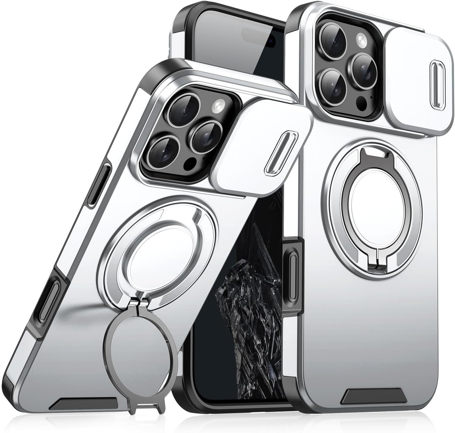 Compatible with iPhone 17 Pro Max/16/15/14/13/12 Phone Cases 360 Magnetic Stand Sliding Window Lens Cap Anti-Drop Protective case (Silver,for iPhone 14)