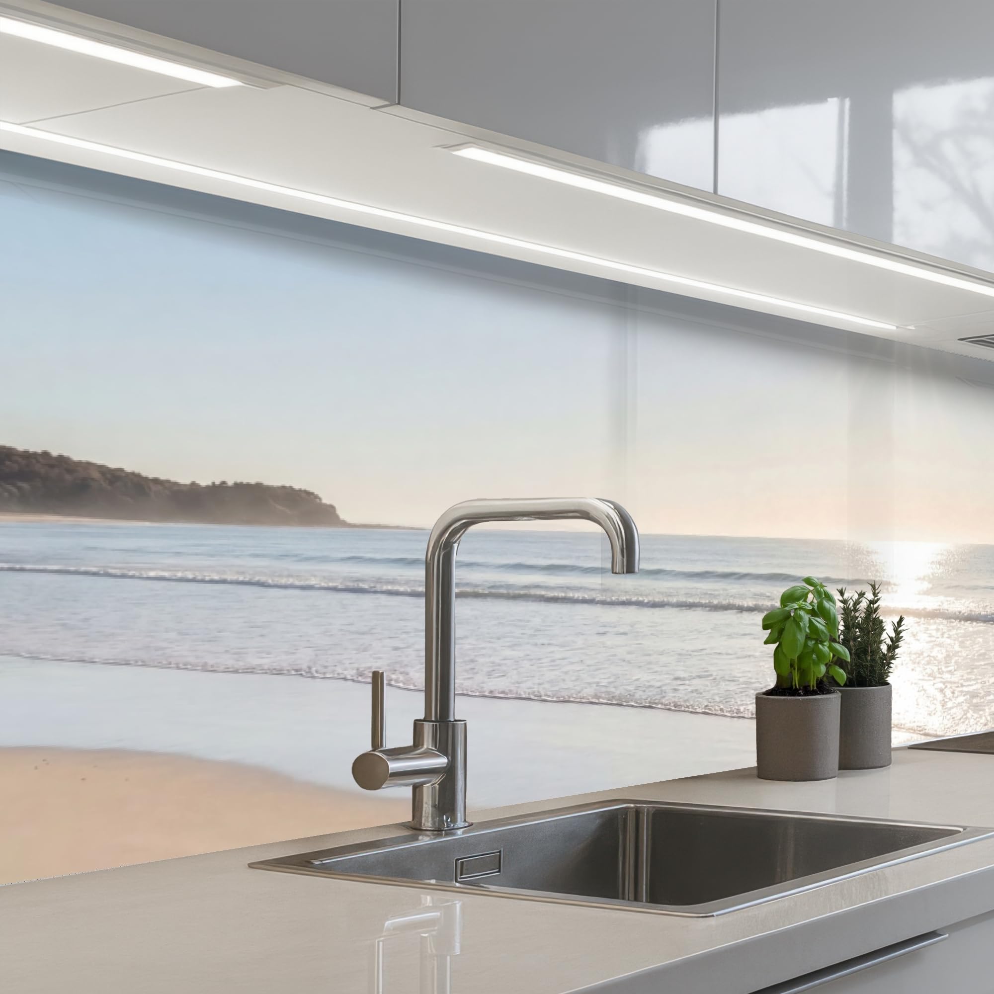 KitchenYeah© Paraschizzi Cucina Adesivo 80x300 cm Pannello Parete Paraspruzzi Muro Decorativo Mare - Sole - Sabbia