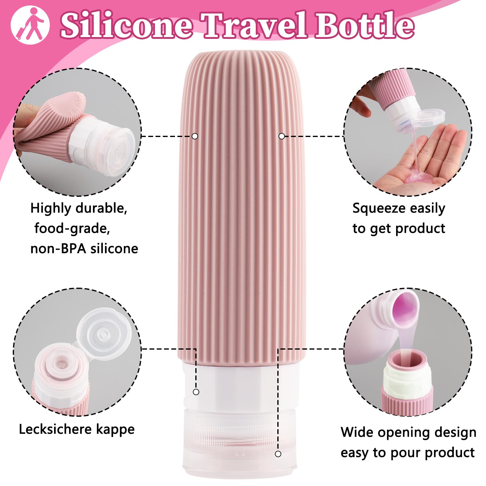 20 Pezzi Contenitori da Viaggio per Liquidi, Kit Viaggio Liquidi in Silicone, Boccette Flaconi da Viaggio 90 ml Riutilizzabili per Shampoo, Lotion, Crema e Cosmetici, Nessun BPA (Colore)