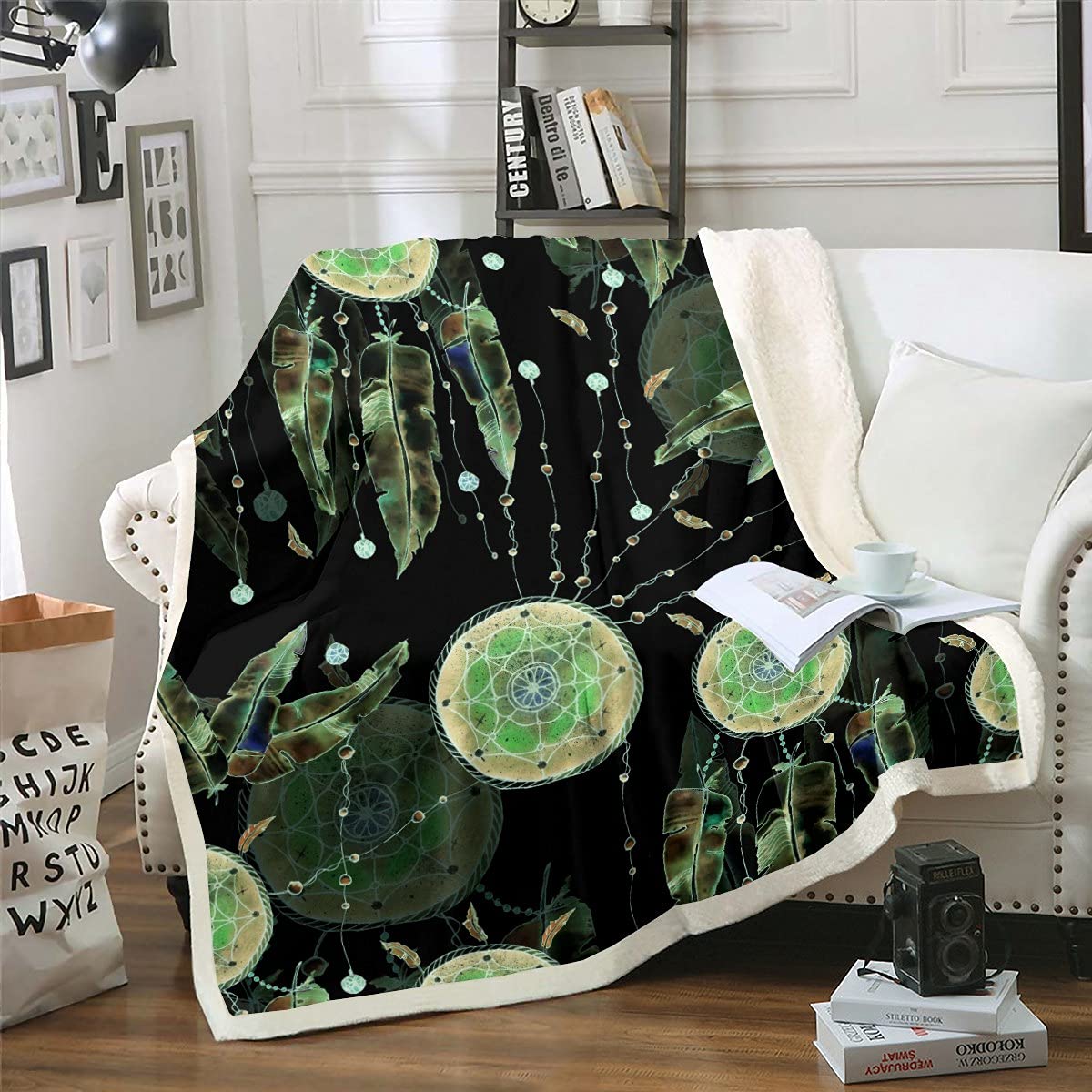 Manta de forro polar estilo bohemio para niñas y niños y mujeres, manta de felpa de plumas hippie, verde tribal exótico para sofá cama, tamaño King 87 x 94 pulgadas