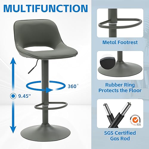 Miniatura 4 de YOUNIKE Juego de 2 taburetes de bar modernos giratorios, taburetes de bar ajustables de altura de mostrador, taburetes tapizados de piel sintética