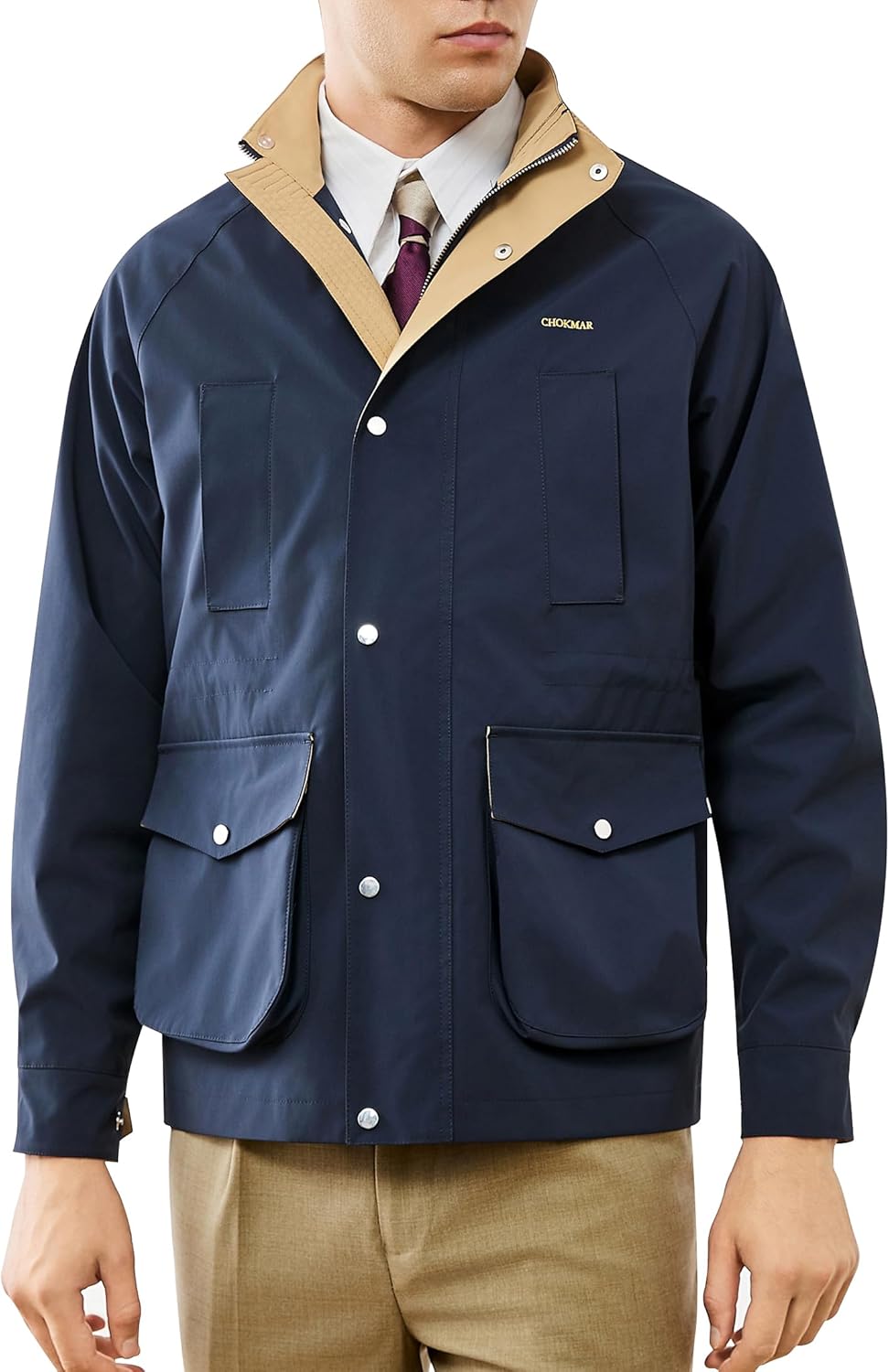 Classic Retro Men's Hunting Jacket Navy Blue with Khaki Trim Windproof and Rainproo...