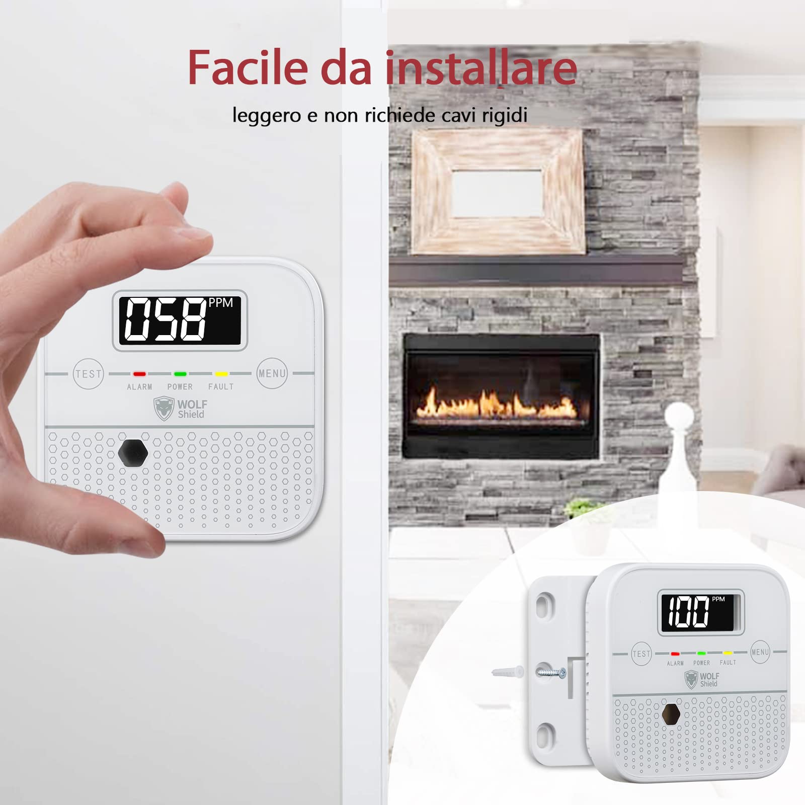 Allarme Monossido Di Carbonio WOLF SHIELD - Batteria 10 Anni, Display LCD, Per Casa E Viaggi