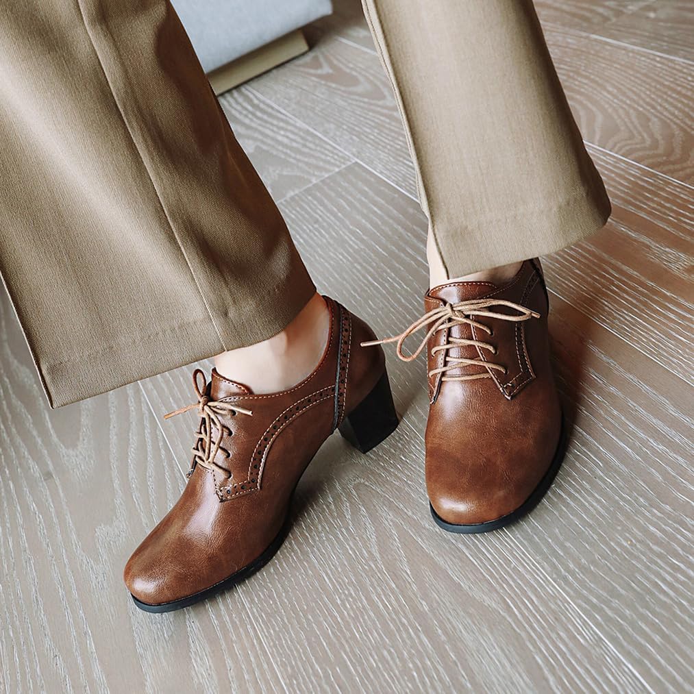 Women's Closed Toe Chunky Block Heel Oxfords Wingtip Lace Up Mid Heel Pumps Vintage Brogue Dress Shoes - Image 2