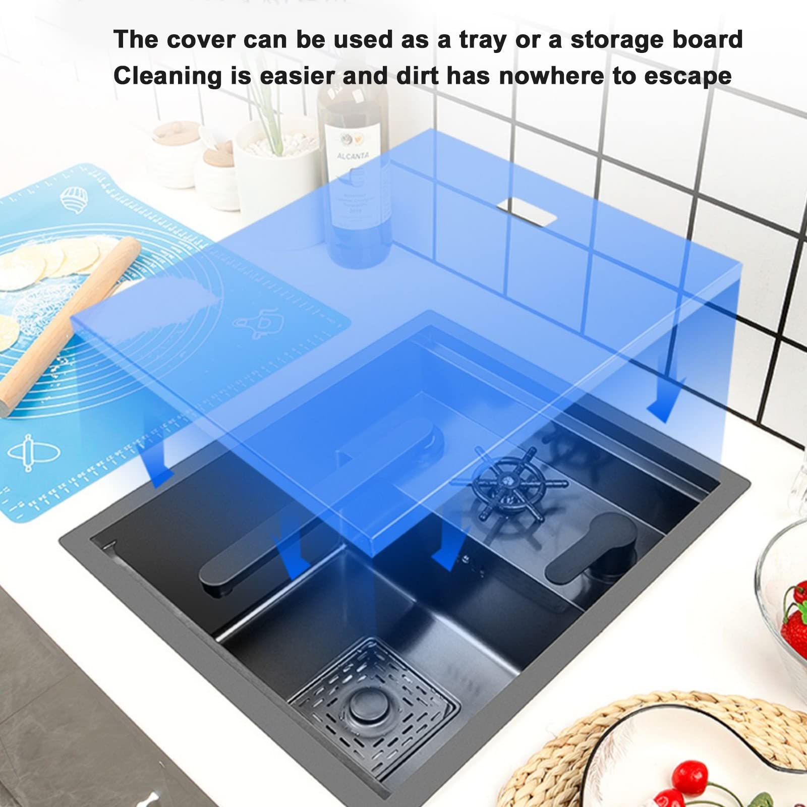 Fregadero De Cocina De Acero Inoxidable Negro Con Grifo Elevable Y Lavavasos Fregadero Oculto De Una Cubeta Para Casa Apartamento Bar Caravana Con Kit De Instalación Completo(45x38x22cm(A))