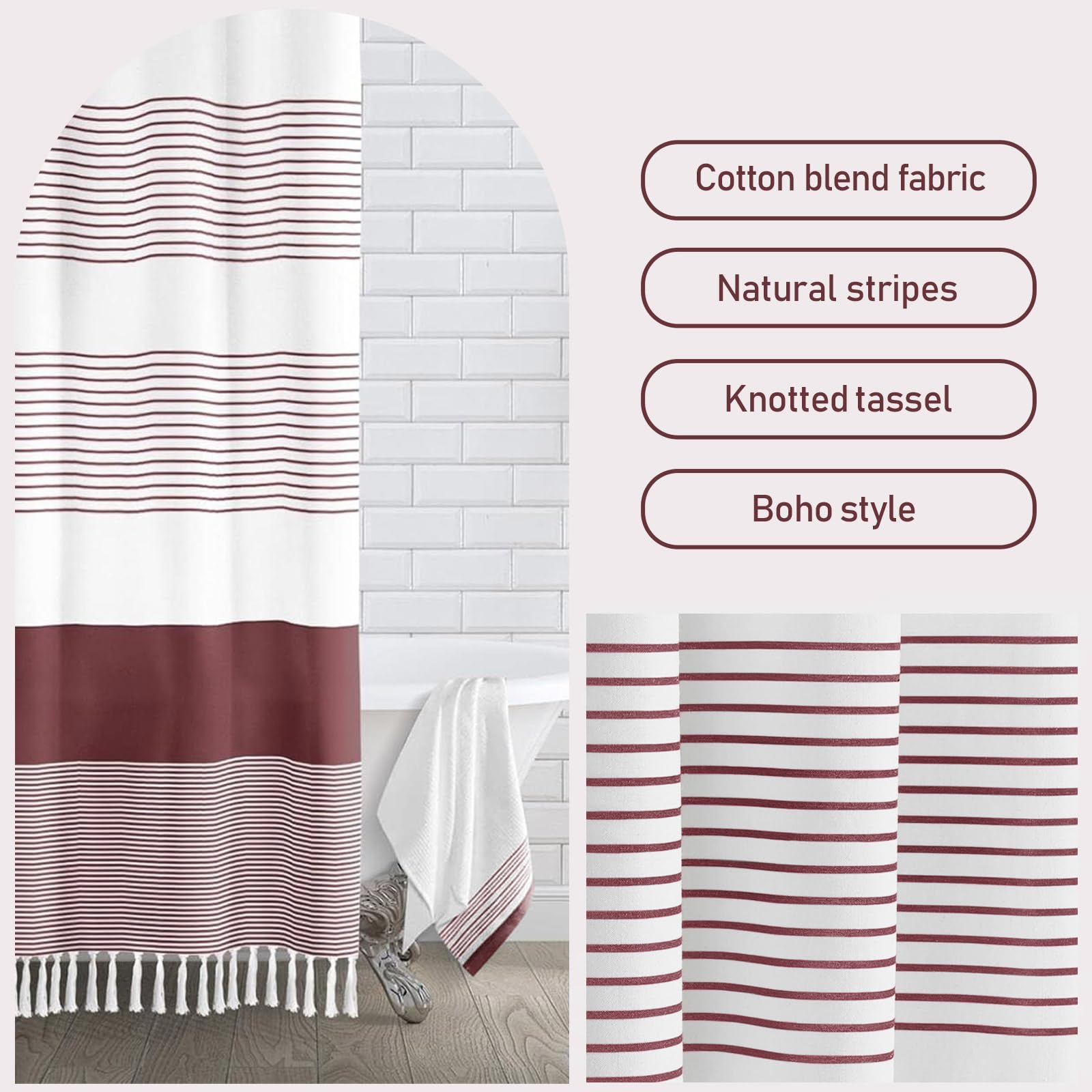 Awellife Duschvorhang Baumwolle – Grau-weiß Gestreift, 180x180 Cm, Boho-Stil Für Bad, Farmhouse-Look