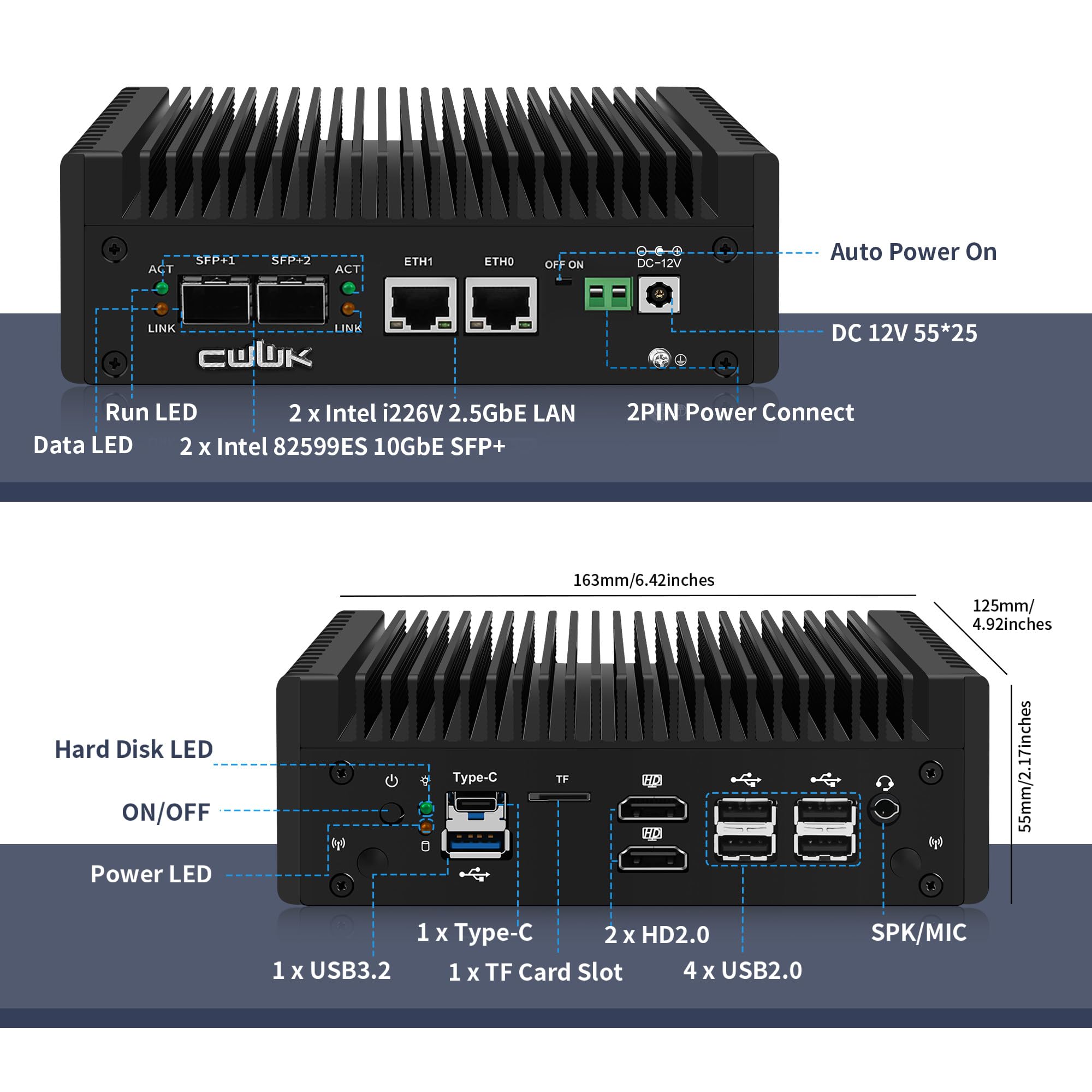 CWWK Mini PC N150 10GbE Firewall Appliance, Dual 10Gbit SFP+, 2 x i226-V 2.5GbE LAN, Micro OPNsense Box, 10Gb Mini Computer, 8GB DDR5 RAM 128GB NVMe SSD, E-Key, USB-C, TF, AES-NI
