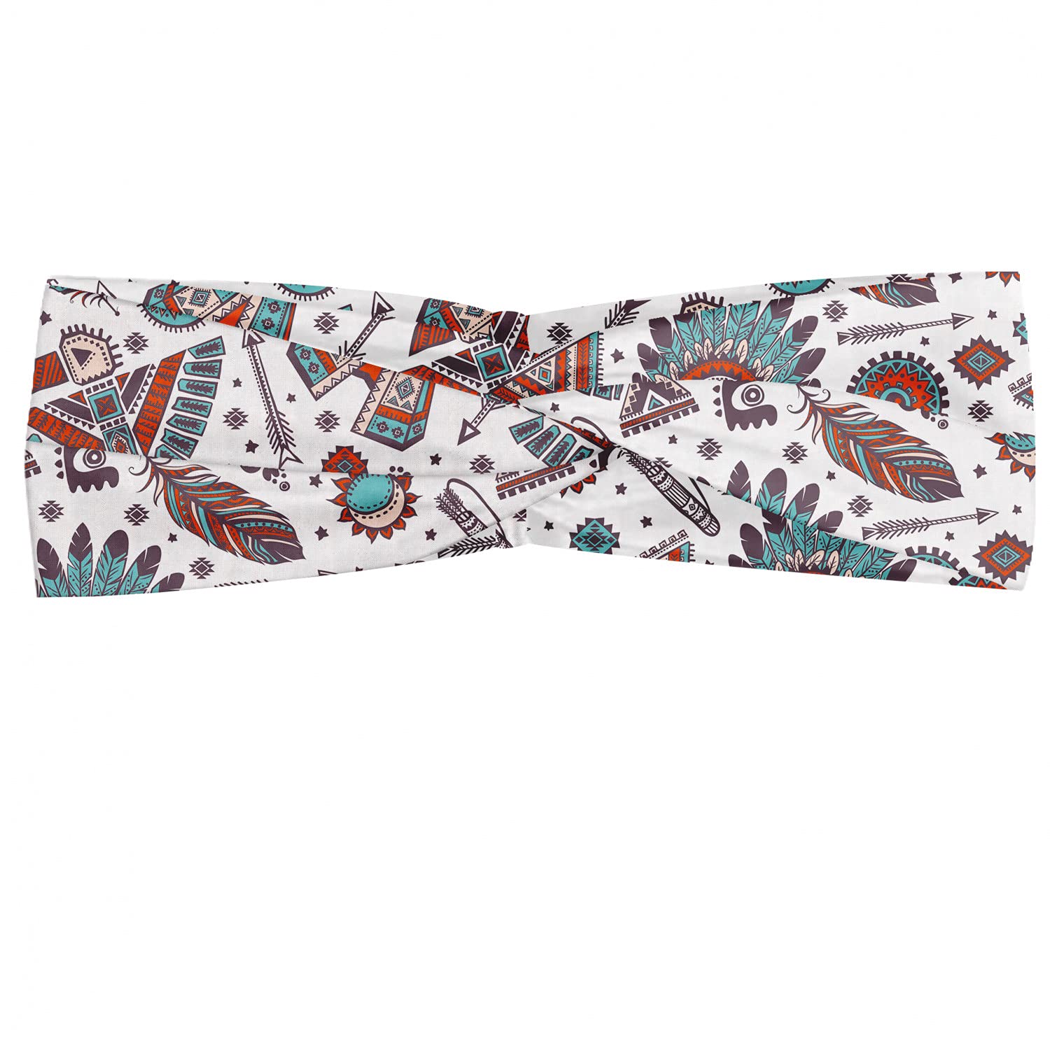Lunarable Tribal Headband Set of 2, Motif Bird Feather Tent Chief Hat Abstract Shapes, Elastic and Soft Women's Bandana for Sports and Everyday Use, XS-S, Dimgray Orange Seafoam