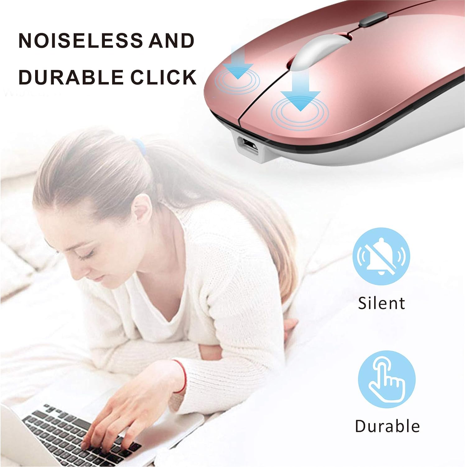 Uiosmuph G5 Bluetooth Wireless Mouse, Slim Dual Mode Rechargeable Bluetooth 5.1 and 2.4GHz Wireless Mouse for Laptop, iPad, MacBook, PC (Rose Gold)