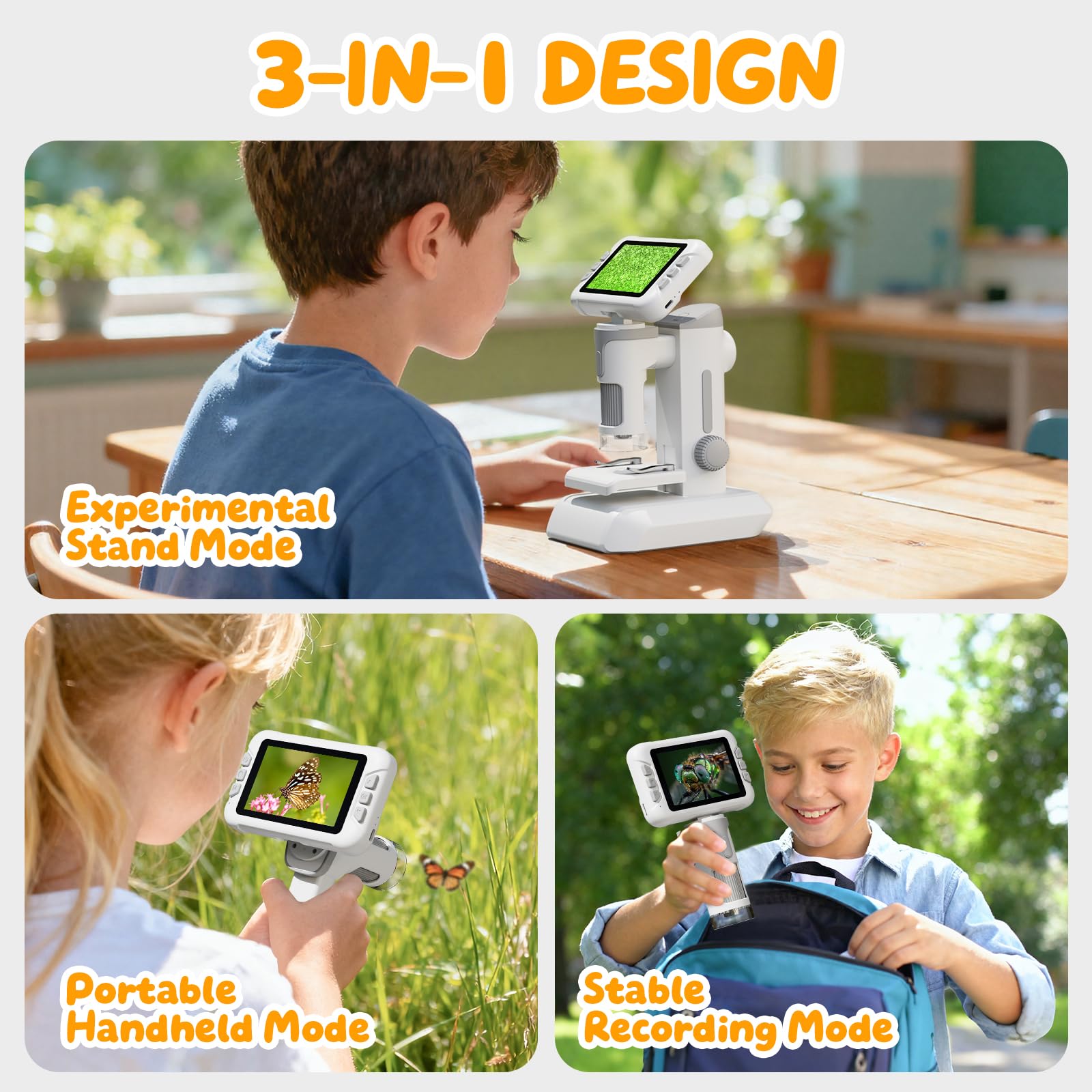 1600X Microscopio bambini, Schermo IPS da 4,0 Pollici Microscopio Digitale con 6 luci LED Regolabili e Vetrini, ARegali di Natale Compleanno e Capodanno per Bambini dai 3 ai 14 Anni (Grigio)
