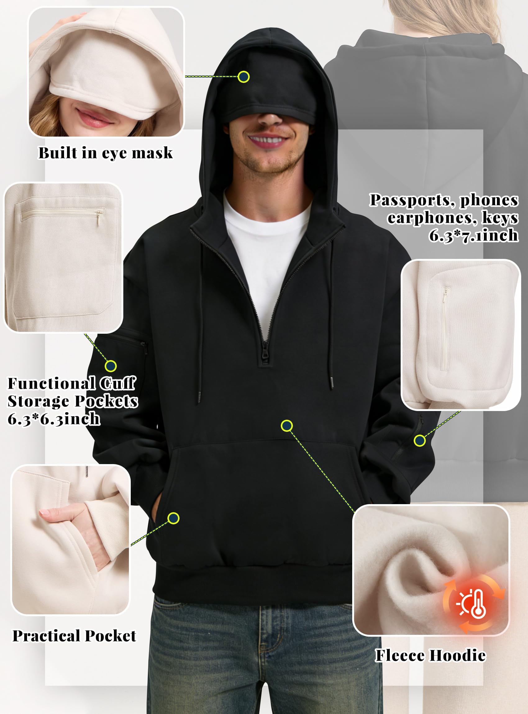 Uomo Felpa con Cappuccio Pile con Maschera per Gli Occhi Pullover | Felpa Uomo Autunno Inverno Calda da Viaggio