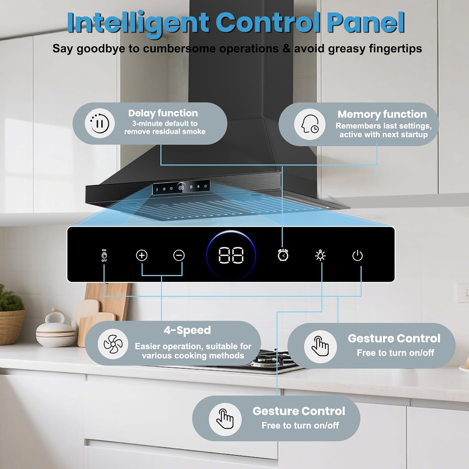 30 Inch Wall Mount Range Hood 1200 CFM, Black 4-Speed Smart Kitchen Range Hood 30 Inch with Touch Control