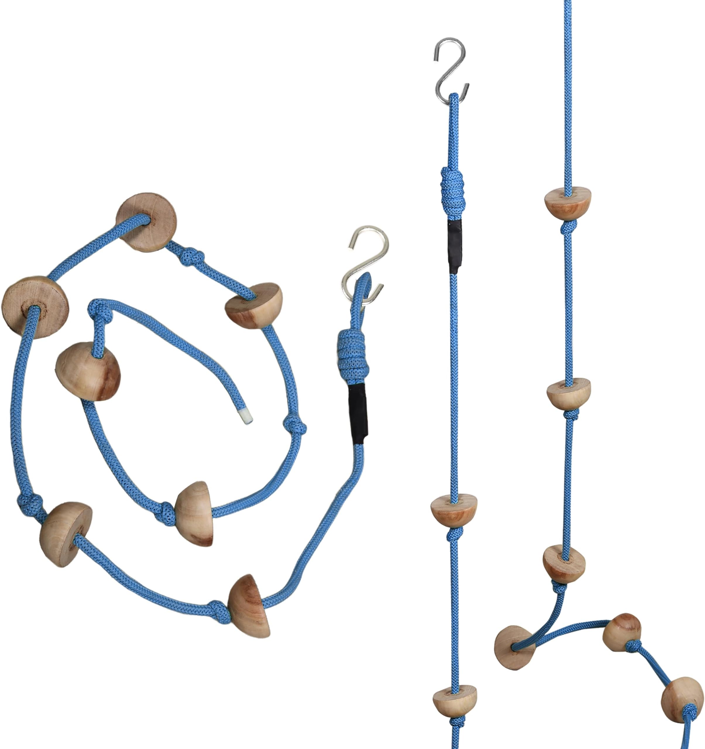 8 Ft Kids Climbing Rope with 7 Wooden Knots Rope for Tree Houses and Climbing Frames, Swing Set | Backyard Outdoor Play (Blue)