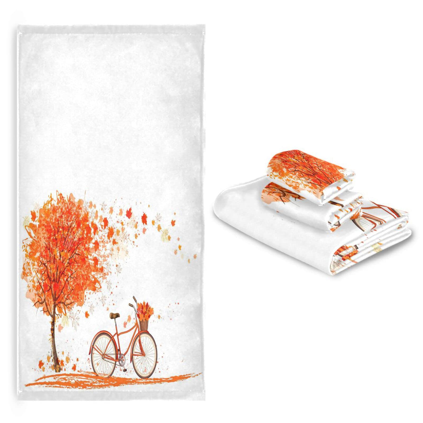 Vdsrup Autumn Fall Maple Bathroom Towels Set of 3 Leaf Tree Bicycle Bath Hand Towel Soft Washcloth Beach Face Guest Towel Kitchen Tea Dish Towels Housewarming Gifts